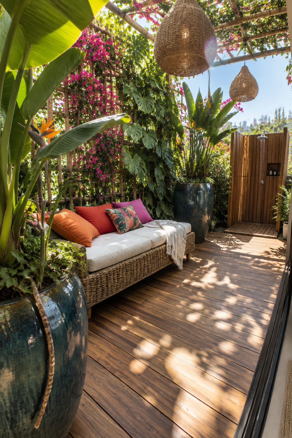 Lush patio with wicker daybed, colorful pillows, potted plants, hanging lanterns, and wooden shower.