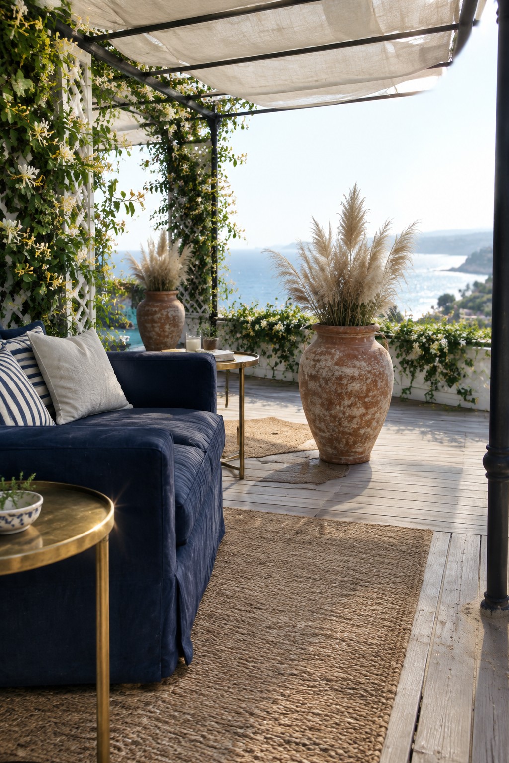 A wooden deck terrace with a navy sofa, a white lattice trellis covered in climbing vines and flowers, large terracotta pots with pampas grass, and a view of the sea.