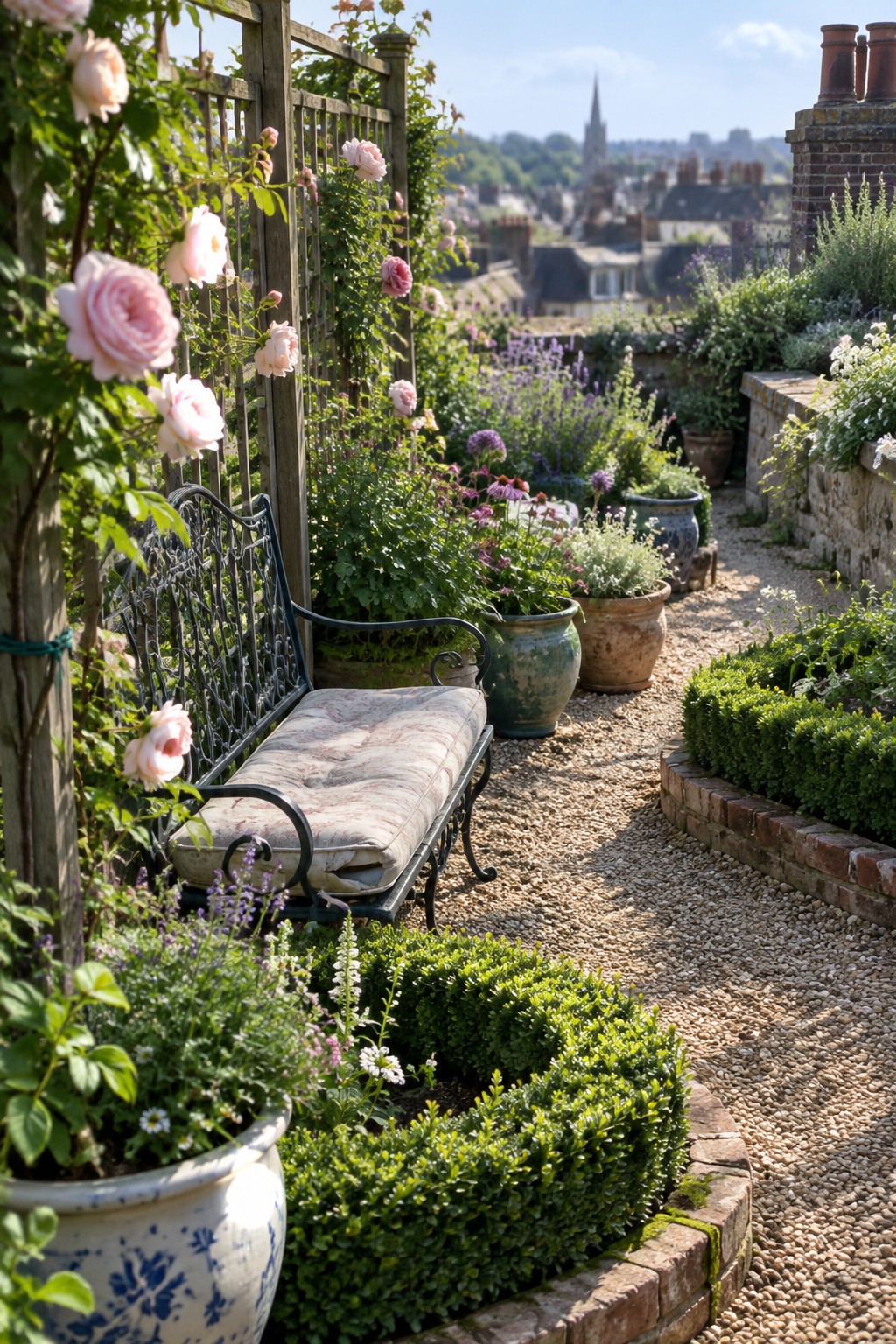 A roof garden features a wooden trellis with pink climbing roses next to a cushioned bench, gravel path, and various potted plants overlooking rooftops and a distant church spire.