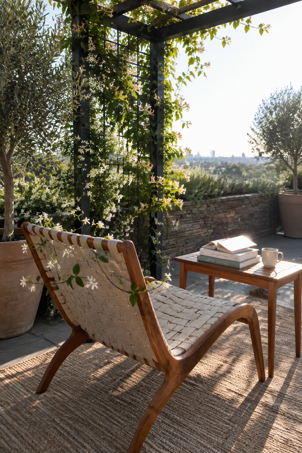 A wooden lounge chair on a woven rug faces a black metal trellis covered in white flowering vines on a rooftop terrace with a distant city view.
