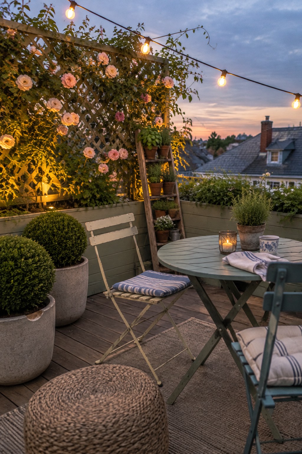 Rooftop deck with wooden lattice trellis covered in pink climbing roses, round table and chairs, potted plants, and string lights at dusk.