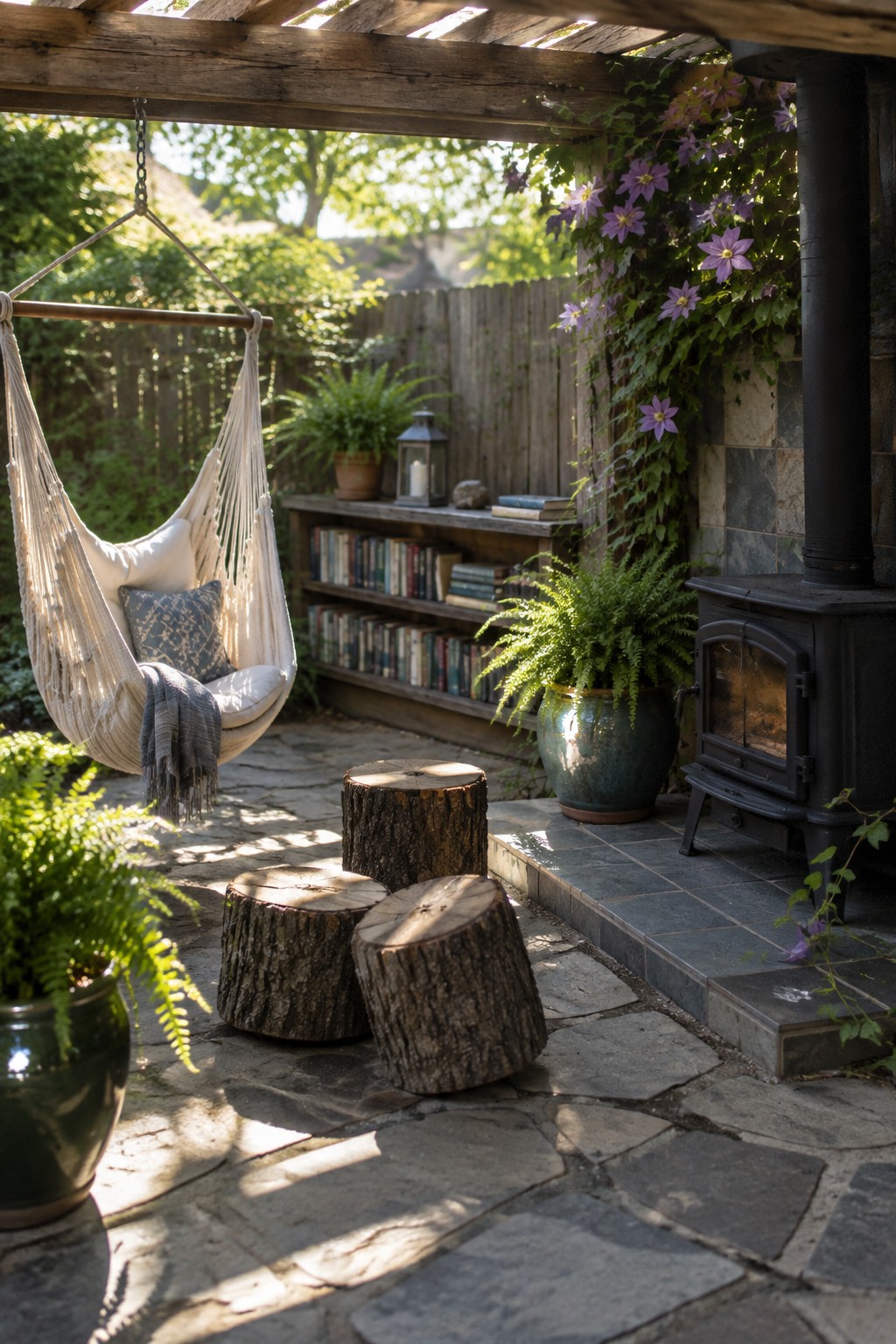A backyard patio with a white hammock chair, three tree stump stools, a black wood-burning stove on a tiled platform, a low bookshelf, and several potted ferns and flowering vines.