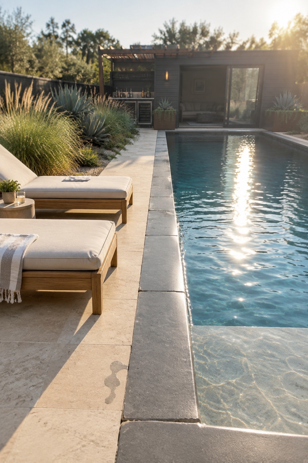 A long rectangular pool with two lounge chairs on a stone patio next to a modern outdoor bar structure with open shelving and a sliding door.