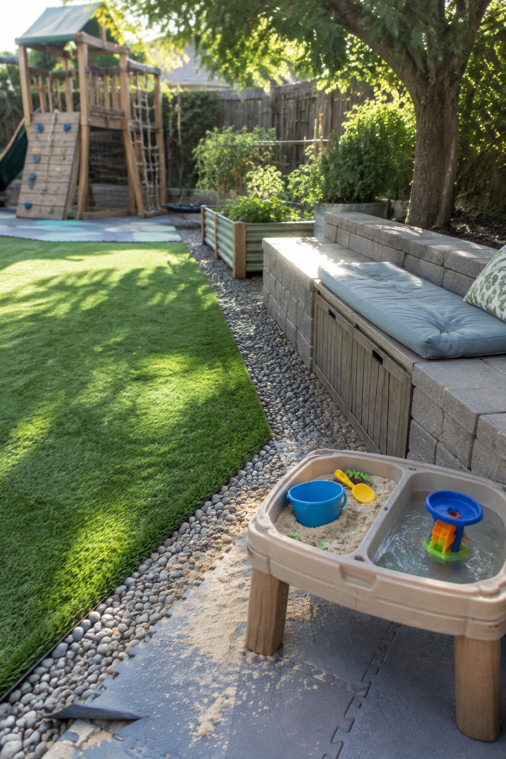 Backyard with green lawn, gravel path, raised garden beds, stone bench with blue cushions and built-in wooden storage doors, and a children's sand and water activity table on foam mats.