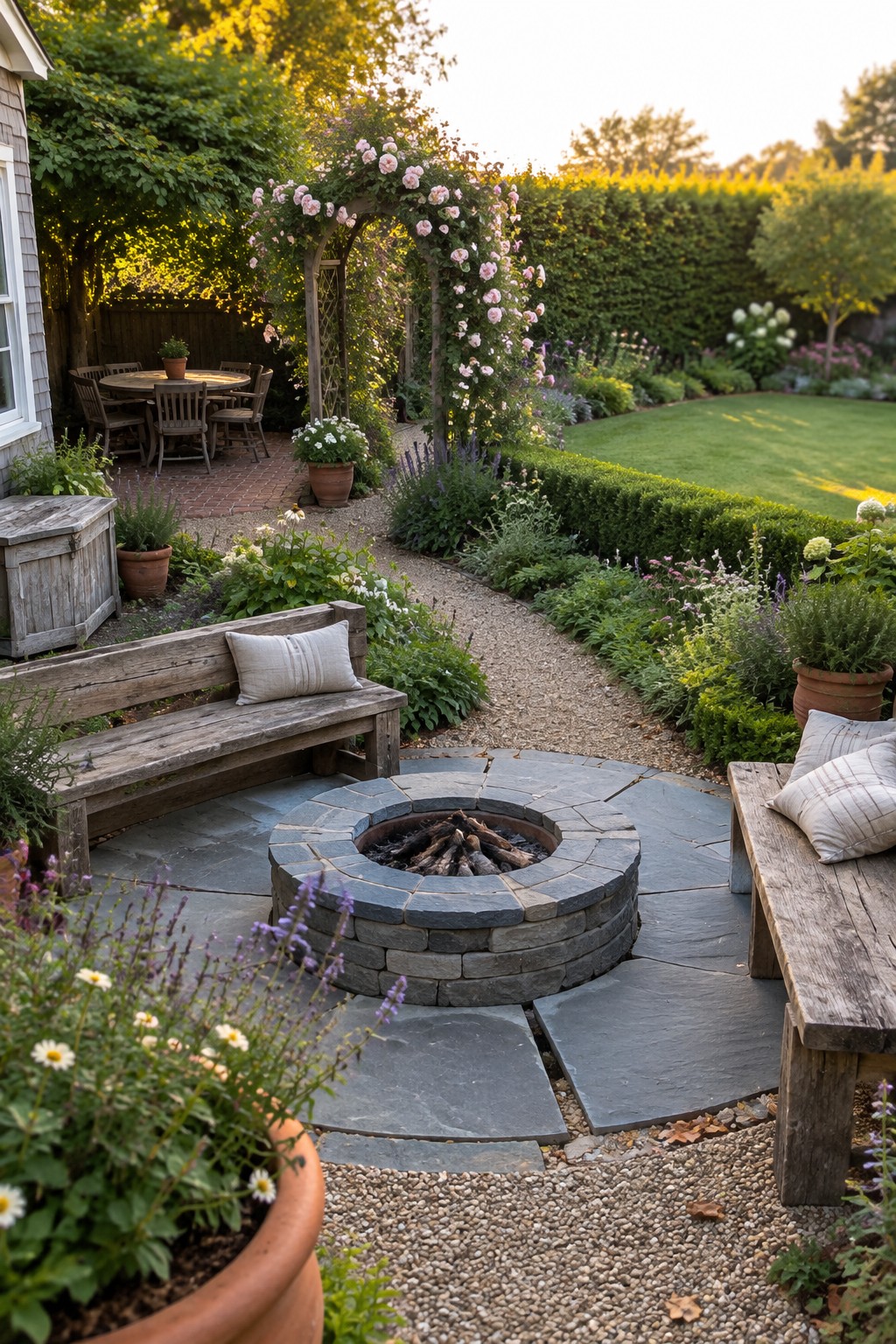 Stone fire pit on slate patio with wooden benches, rose arch, and garden flowers.