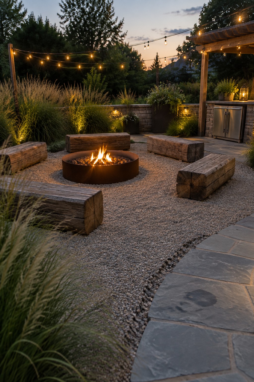 A round metal fire pit with burning logs sits in a gravel area surrounded by several large wooden log benches, with string lights overhead and a stone path nearby.