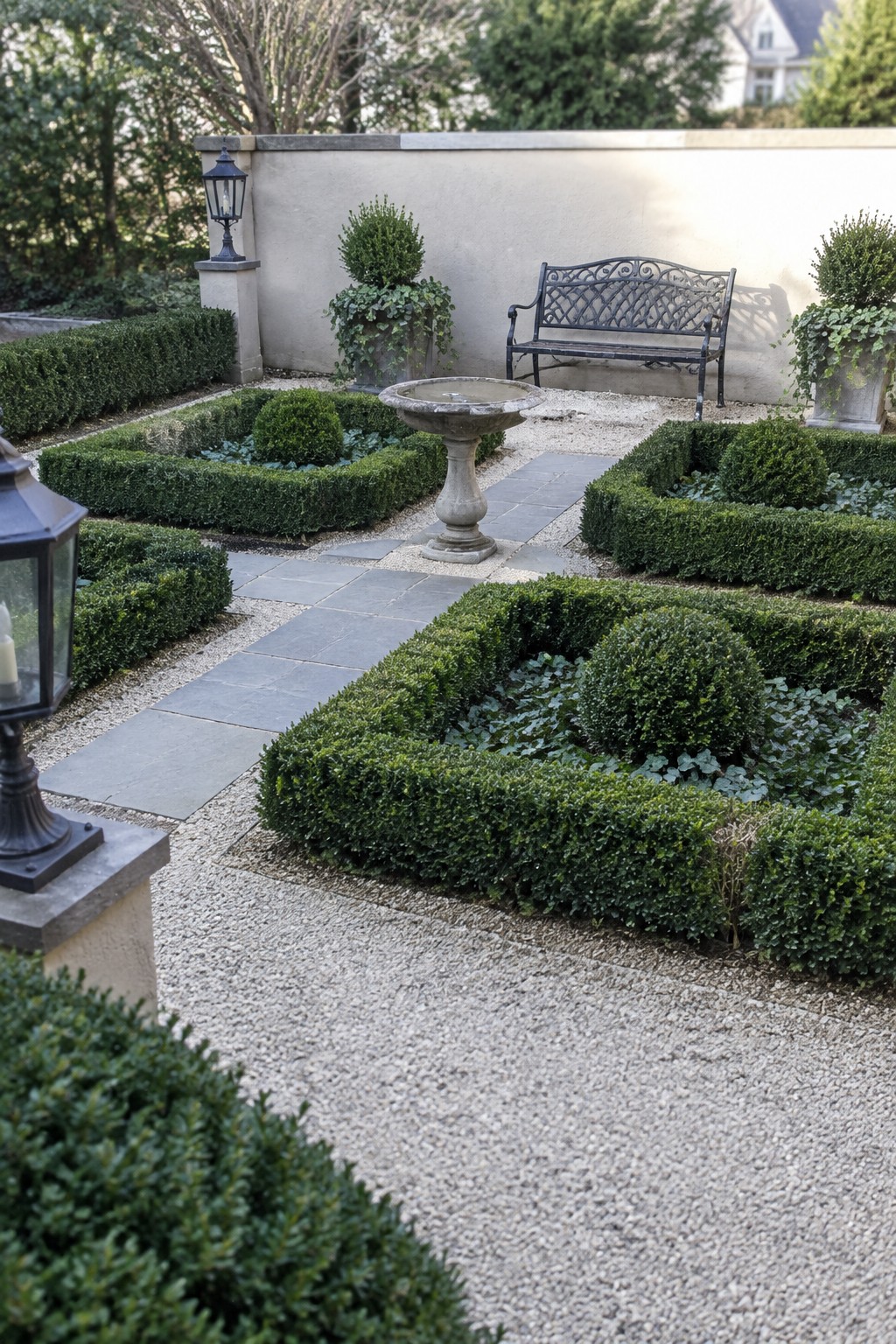 A backyard garden with clipped boxwood hedges forming geometric beds, gravel paths, a central stone fountain, and a metal bench along a stucco wall.
