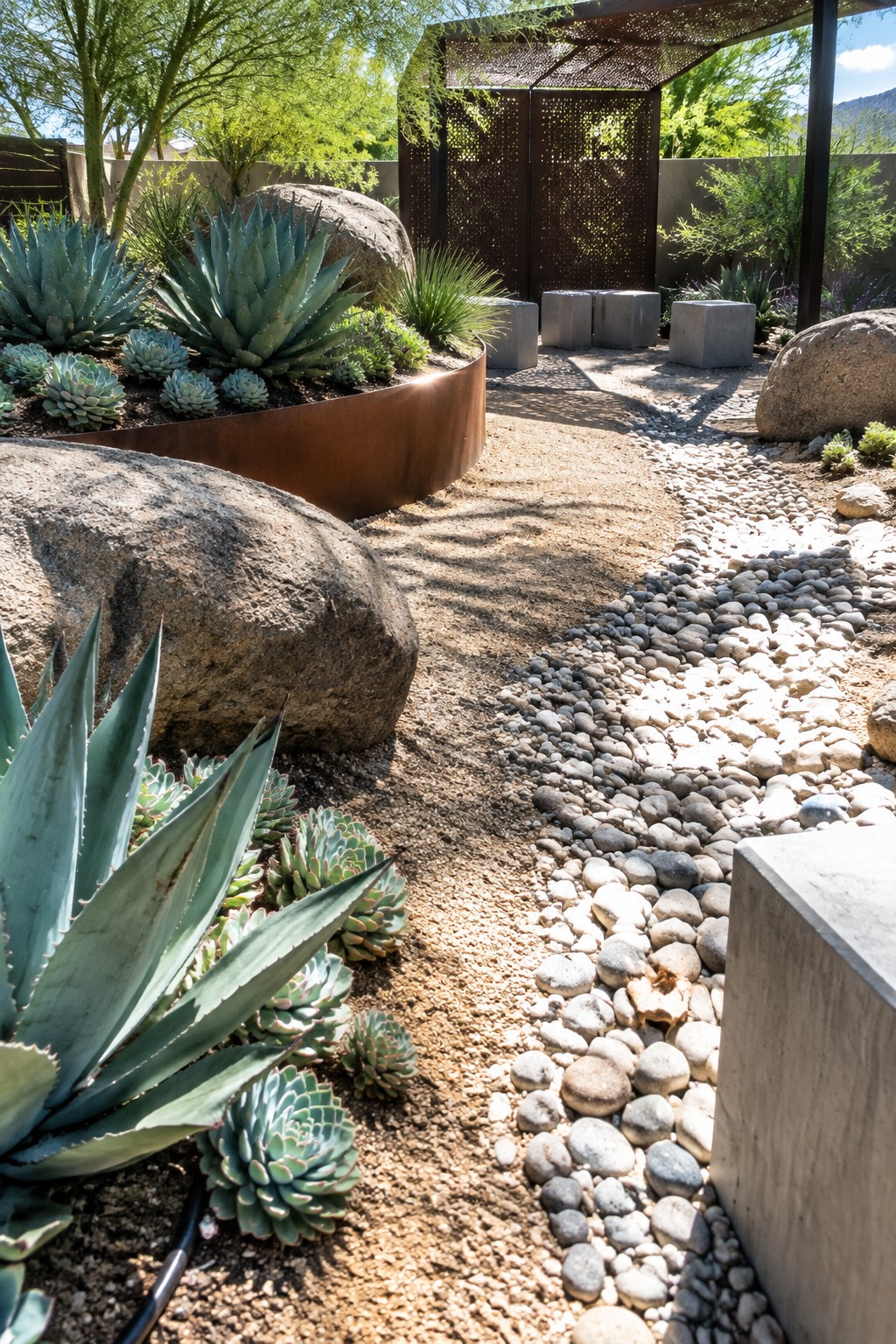 A desert-style backyard shows agave plants and succulents in curved metal-edged beds, surrounded by gravel paths and large boulders.
