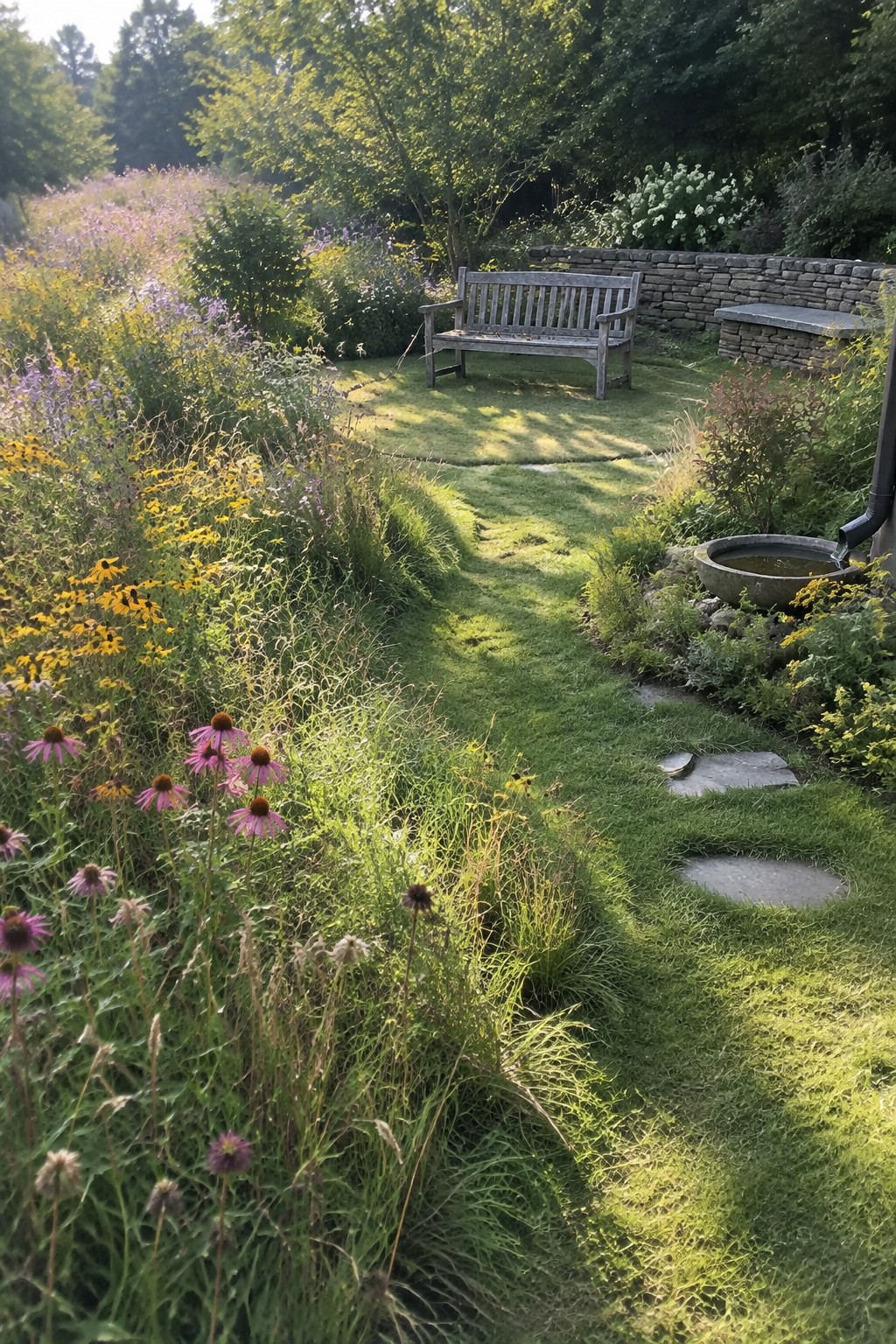 Lush garden with wooden bench, stone path, water bowl, and wildflowers.