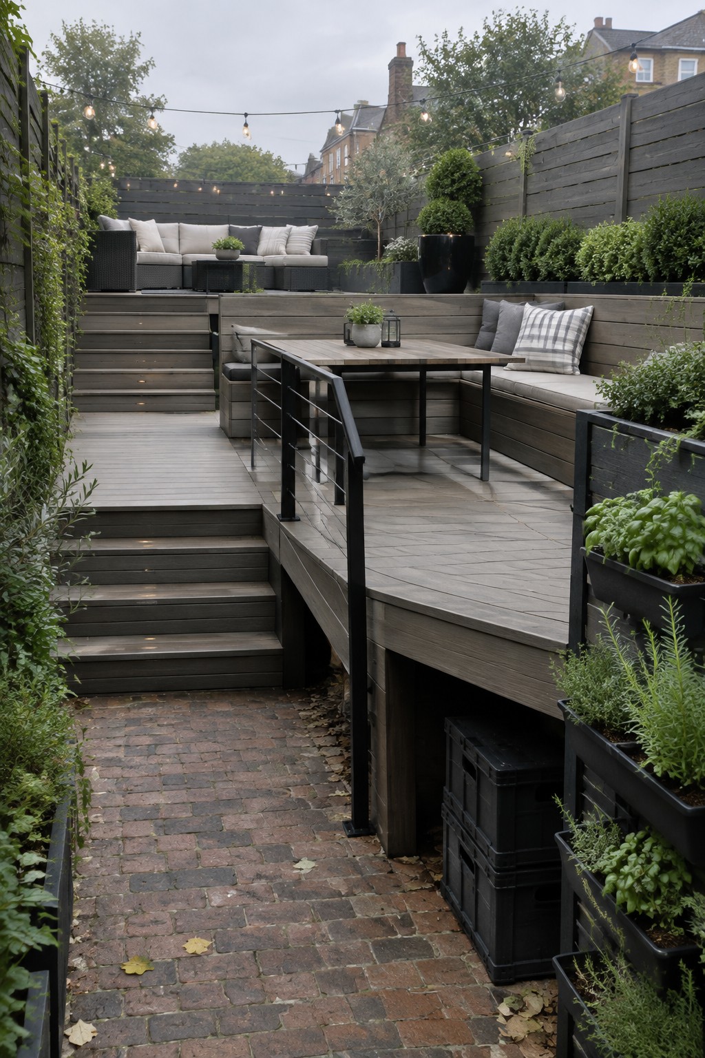 A multi-level wooden deck in a backyard with built-in bench seating around a table, stairs leading to a brick path, black storage crates underneath, and vertical planters along the edges.