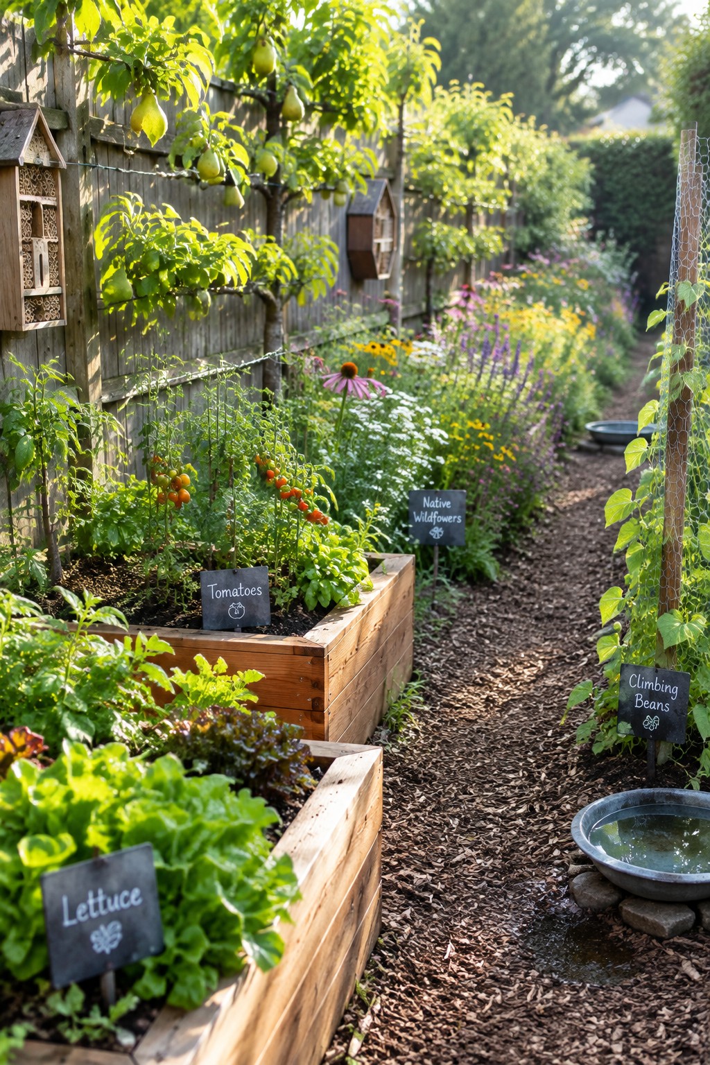 A backyard garden with raised wooden beds growing tomatoes, lettuce, and climbing beans beside a mulched path and flower beds.
