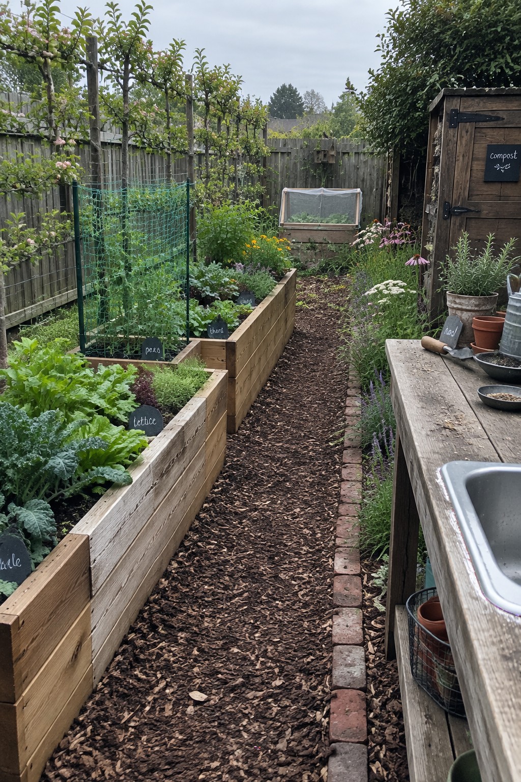 Raised wooden vegetable beds with labels line a mulched garden path beside a potting bench.