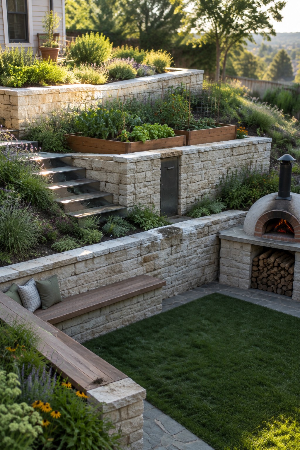 A multi-level backyard with light stone retaining walls, terraced wooden planters, stone stairs, a built-in bench, and a pizza oven beside a grassy lawn.