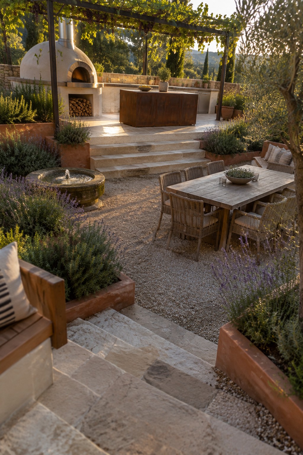 An outdoor kitchen with a white pizza oven on a raised stone platform, a rusted metal island, and a wooden dining table on gravel below, surrounded by lavender and terracotta planters.