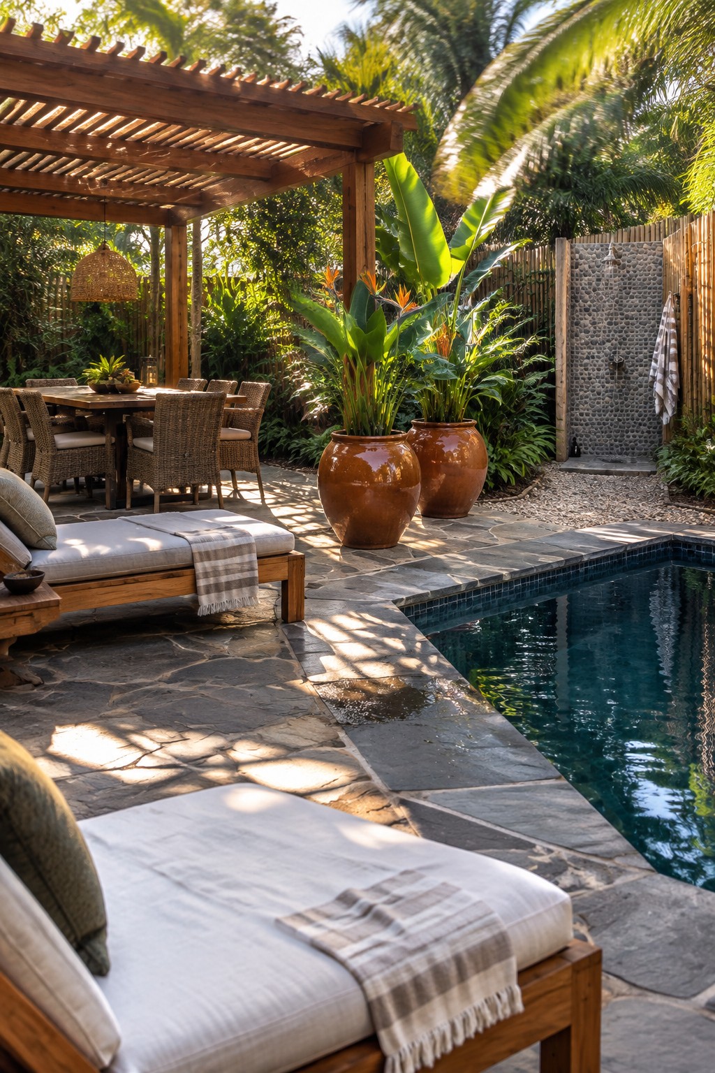 A backyard pool surrounded by irregular stone pavers, with wooden lounge chairs in the foreground, a dining set under a wooden pergola, and two large terracotta pots with tropical plants.