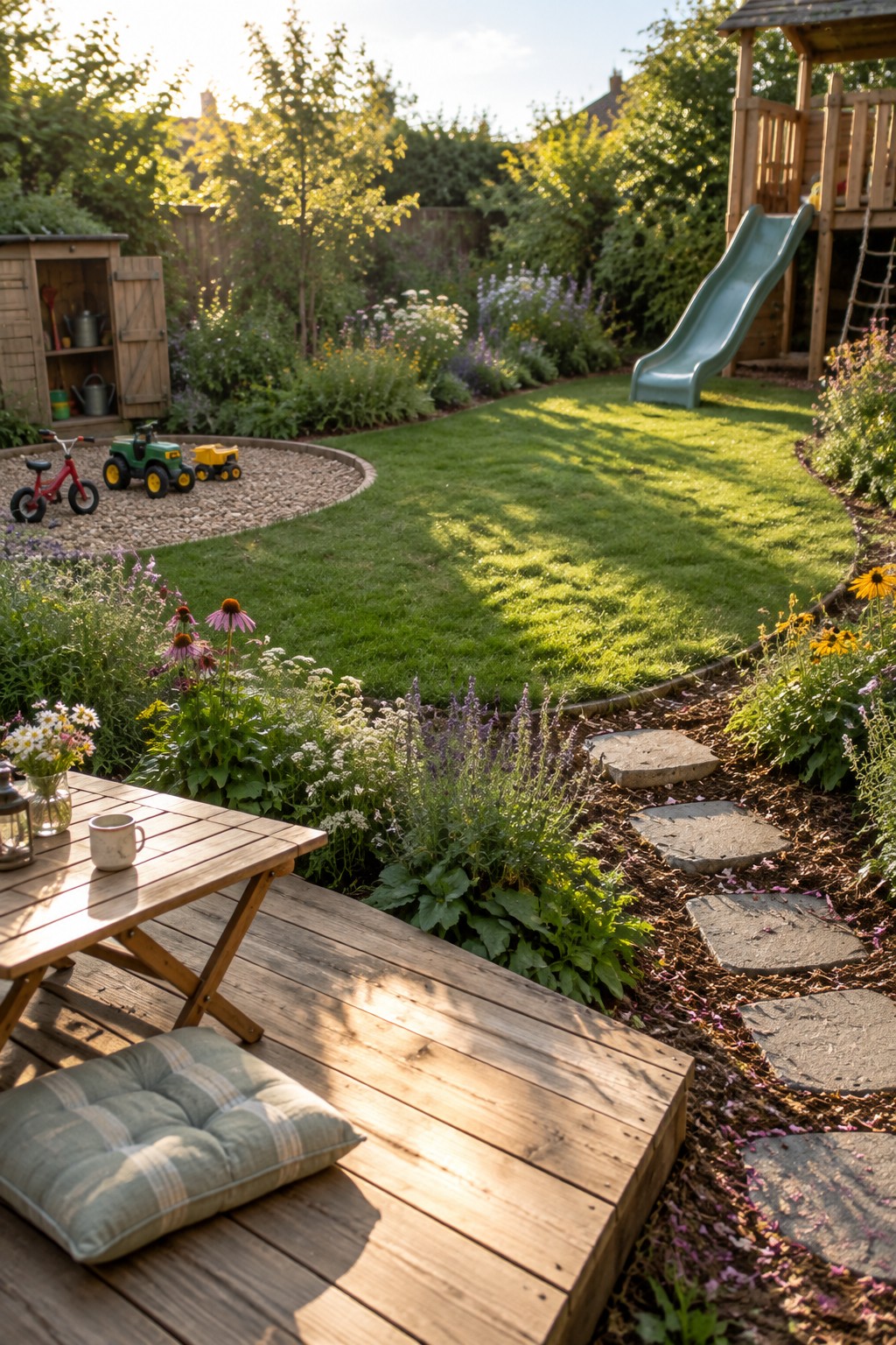 A backyard view showing a curved gravel play area with children's toys, a green lawn, flower beds, a wooden playset with slide, and a wooden deck with seating in the foreground.