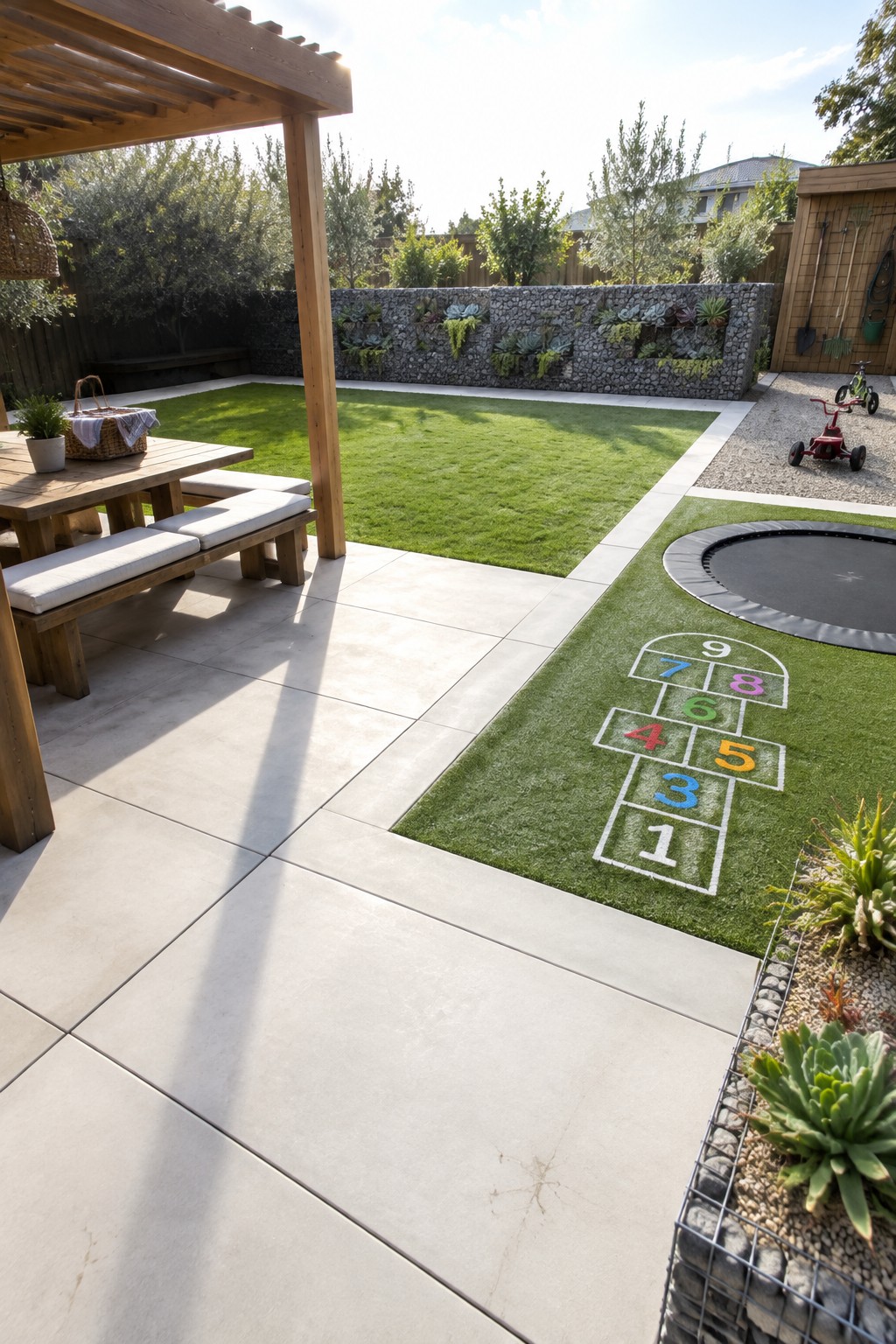 Backyard view showing a hopscotch grid painted on green turf beside large beige pavers, with a trampoline and stone wall in the background.