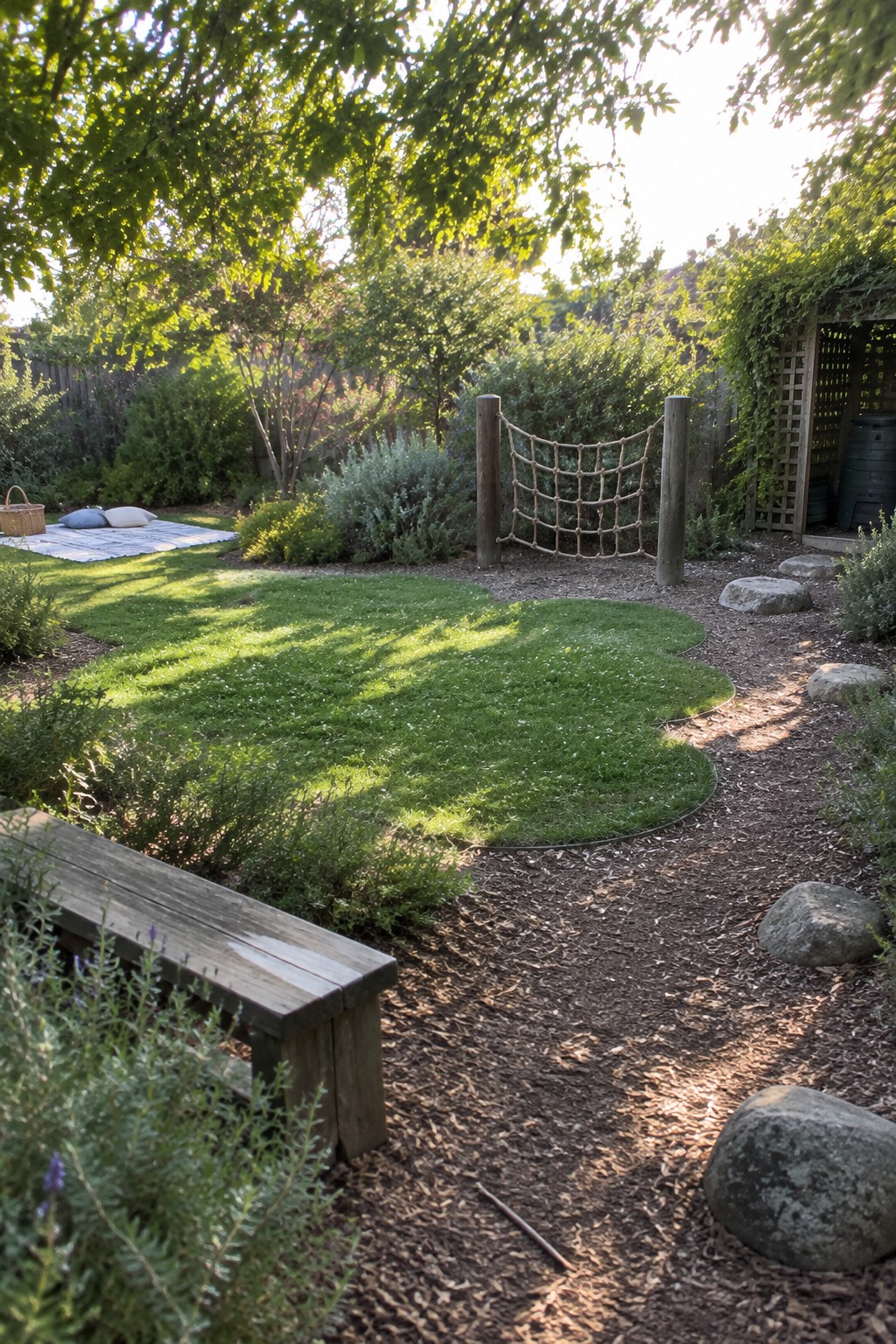 A backyard landscape showing a rope climbing net between two wooden posts, surrounded by lawn, mulch paths, rocks, and garden beds with trees and shrubs.