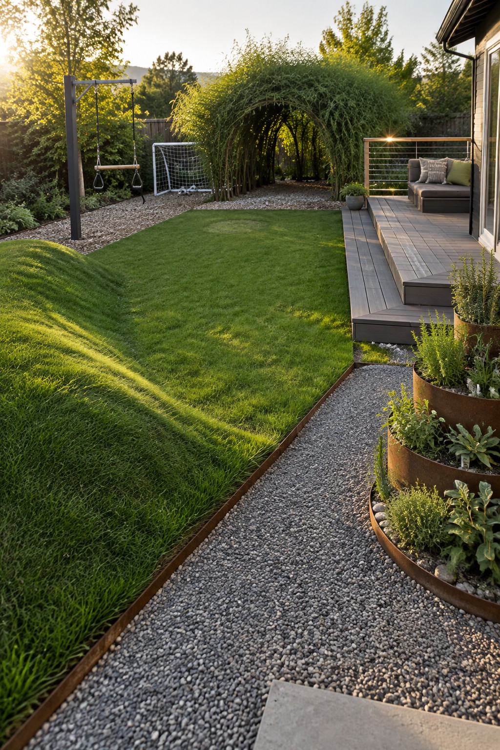 Lush green lawn with gravel path, wooden deck, swing set and arched trellis