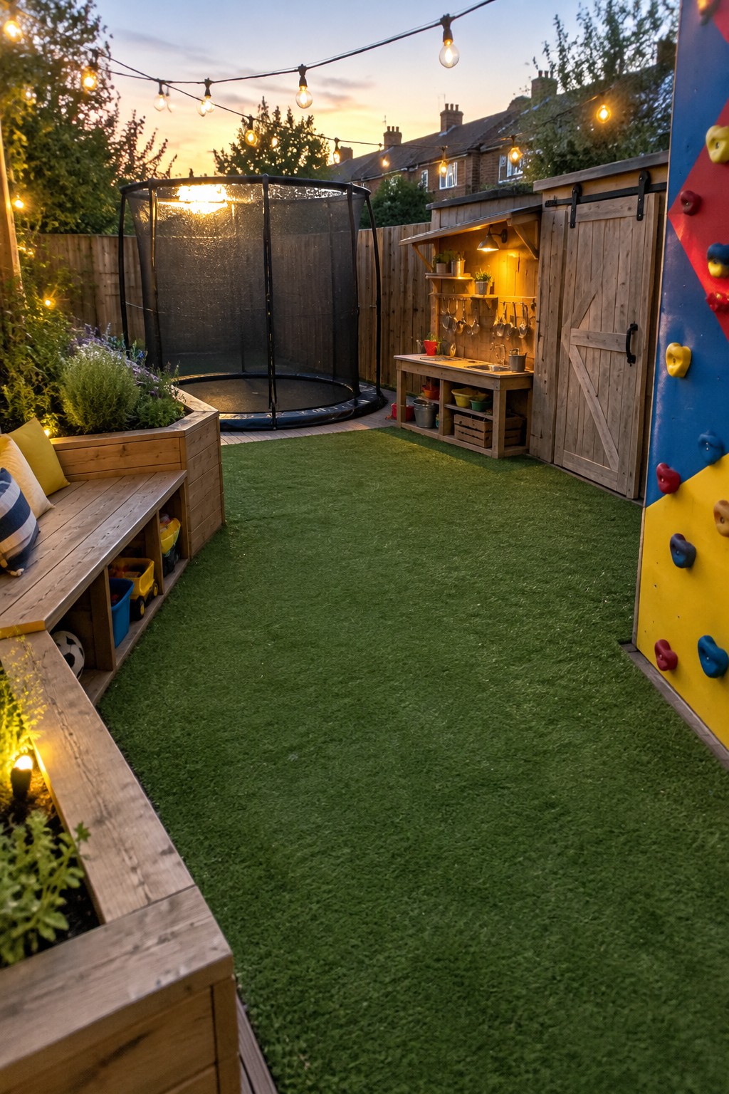 A backyard with artificial grass lawn, a trampoline, wooden play shed with climbing wall, raised planters with bench seating, and string lights at dusk.