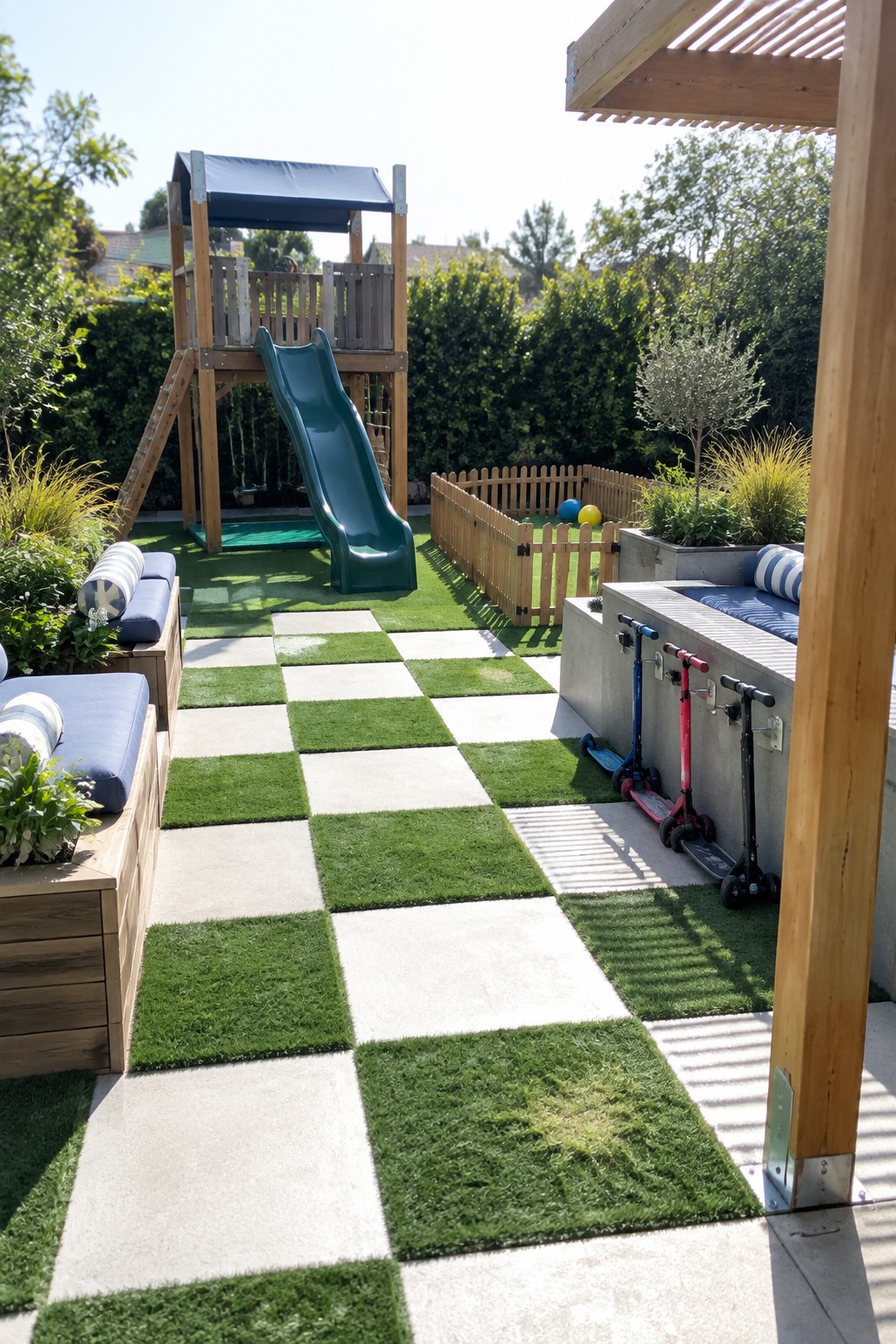 Backyard view showing a checkered path of turf squares and concrete pavers leading to a wooden play structure with slide, plus built-in concrete seating with scooters along one side.