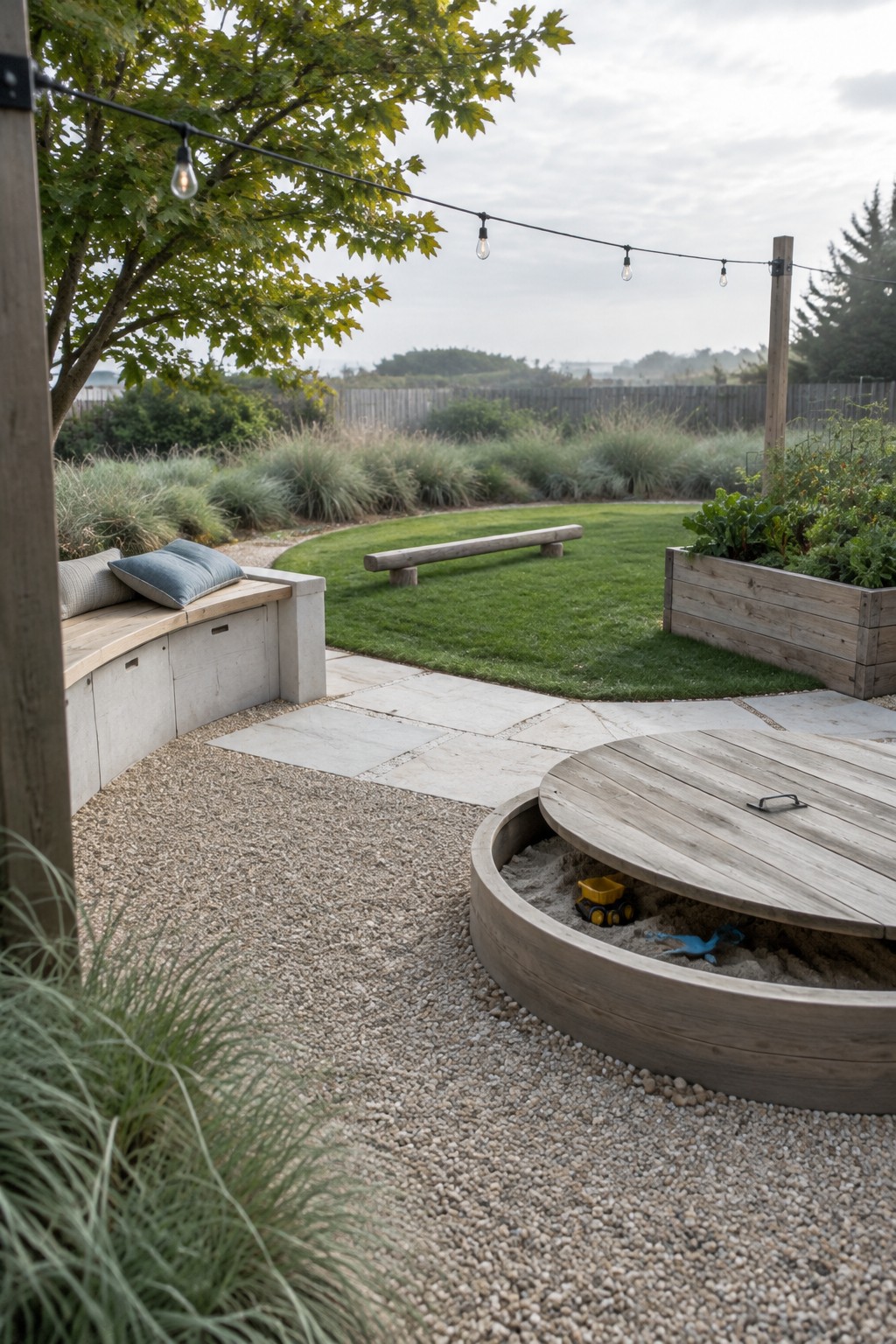 A backyard scene showing a round wooden sandbox with a lid set into gravel beside a lawn, a curved concrete bench with cushions, a raised wooden planter, and string lights overhead.