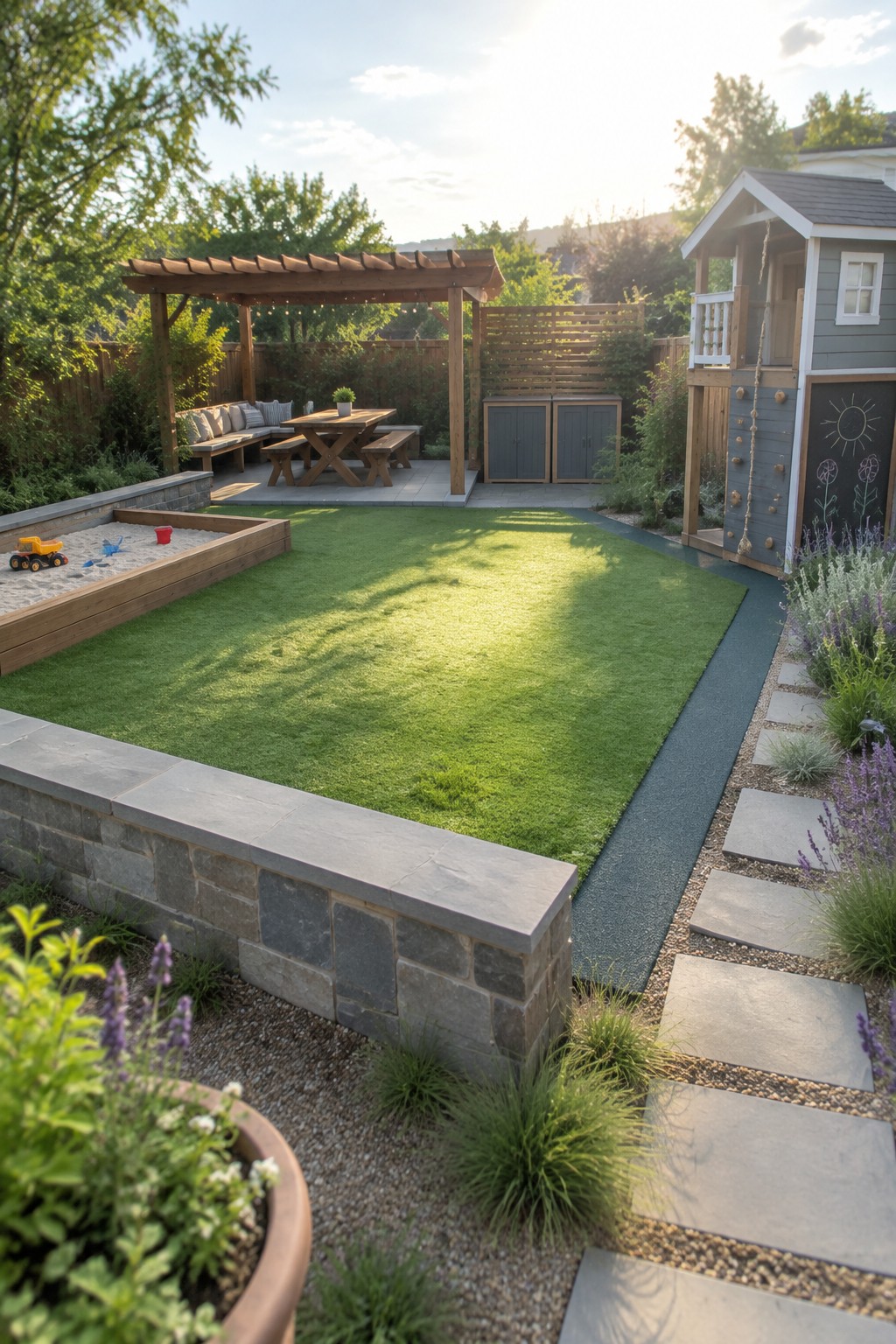 A backyard view showing a large green lawn bordered by stone edging, a wooden sandbox on the left, a gray playhouse on the right, a pergola with seating in the background, and a stone path along the side.