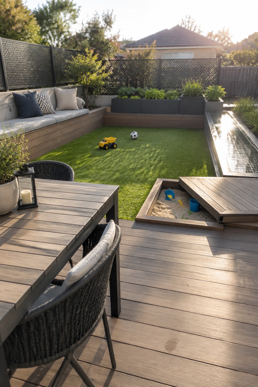 A backyard view showing a rectangular lawn with a toy truck and soccer ball, bordered by raised planters, a wooden deck with built-in sandbox, and outdoor dining furniture.