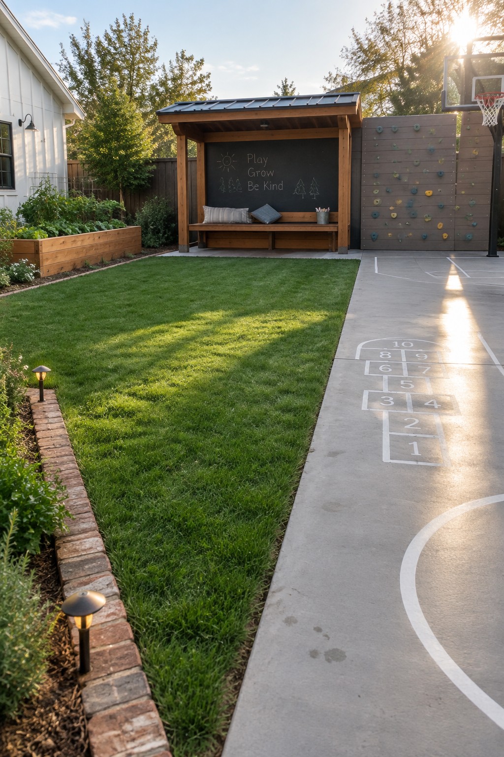 Backyard view showing a rectangular lawn with brick edging on the left, a wooden play structure with chalkboard, a climbing wall on the right, and a concrete area with hopscotch markings.