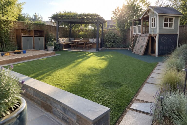 A backyard view showing a large green lawn bordered by stone edging, a wooden sandbox on the left, a gray playhouse on the right, a pergola with seating in the background, and a stone path along the side.