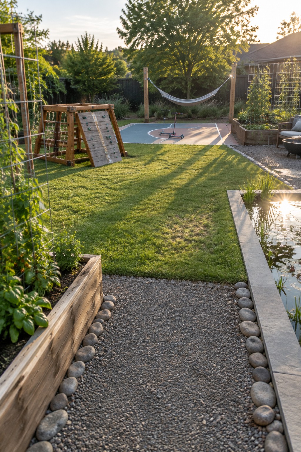 Sunny backyard with playground, basketball court, hammock, pond, and gravel path.