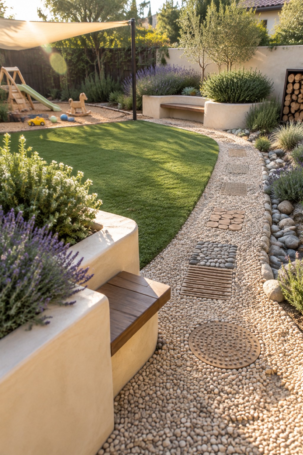 Curving gravel path winds through sunny garden with lavender planters and benches