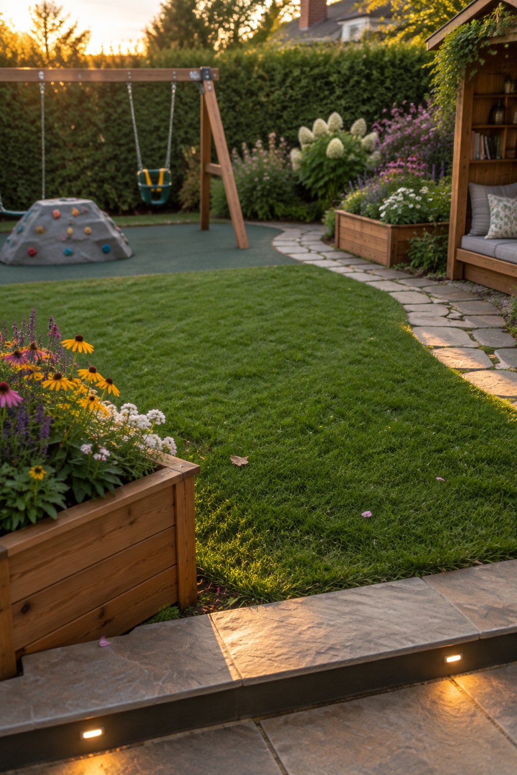 A backyard lawn with a wooden swing set, climbing boulder on turf, curving stone path, and wooden raised flower beds next to a small garden shed.