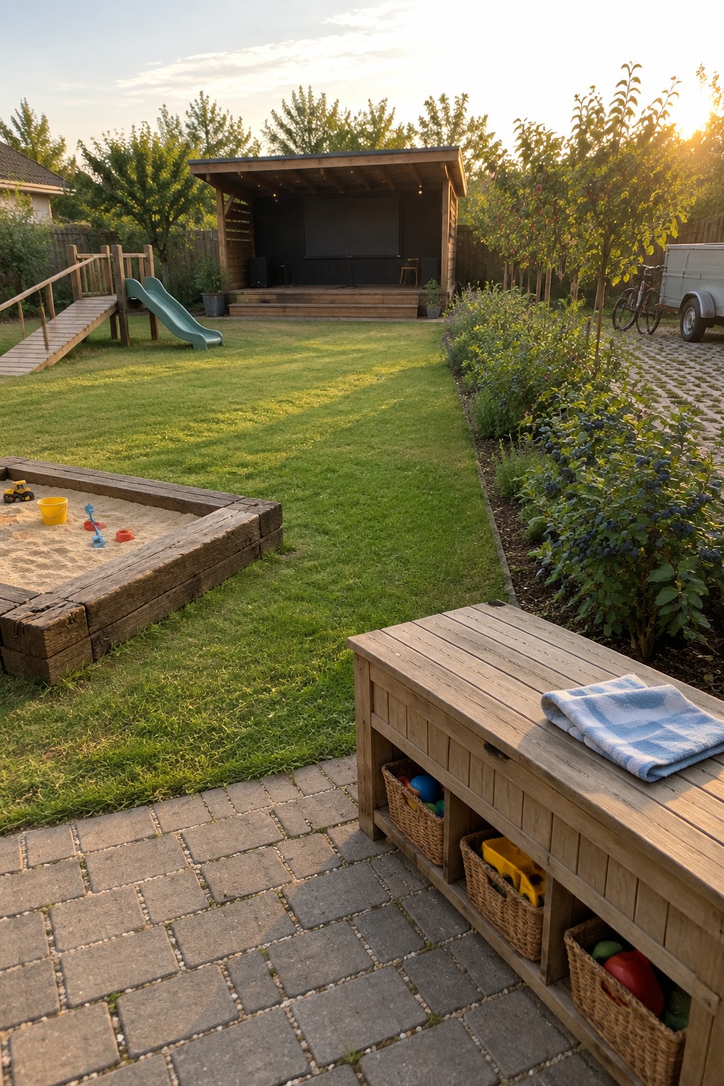 A backyard scene showing a large lawn, wooden sandbox with toys, play structure with slide, raised stage at the back, garden beds, and a wooden storage bench beside a paved path.