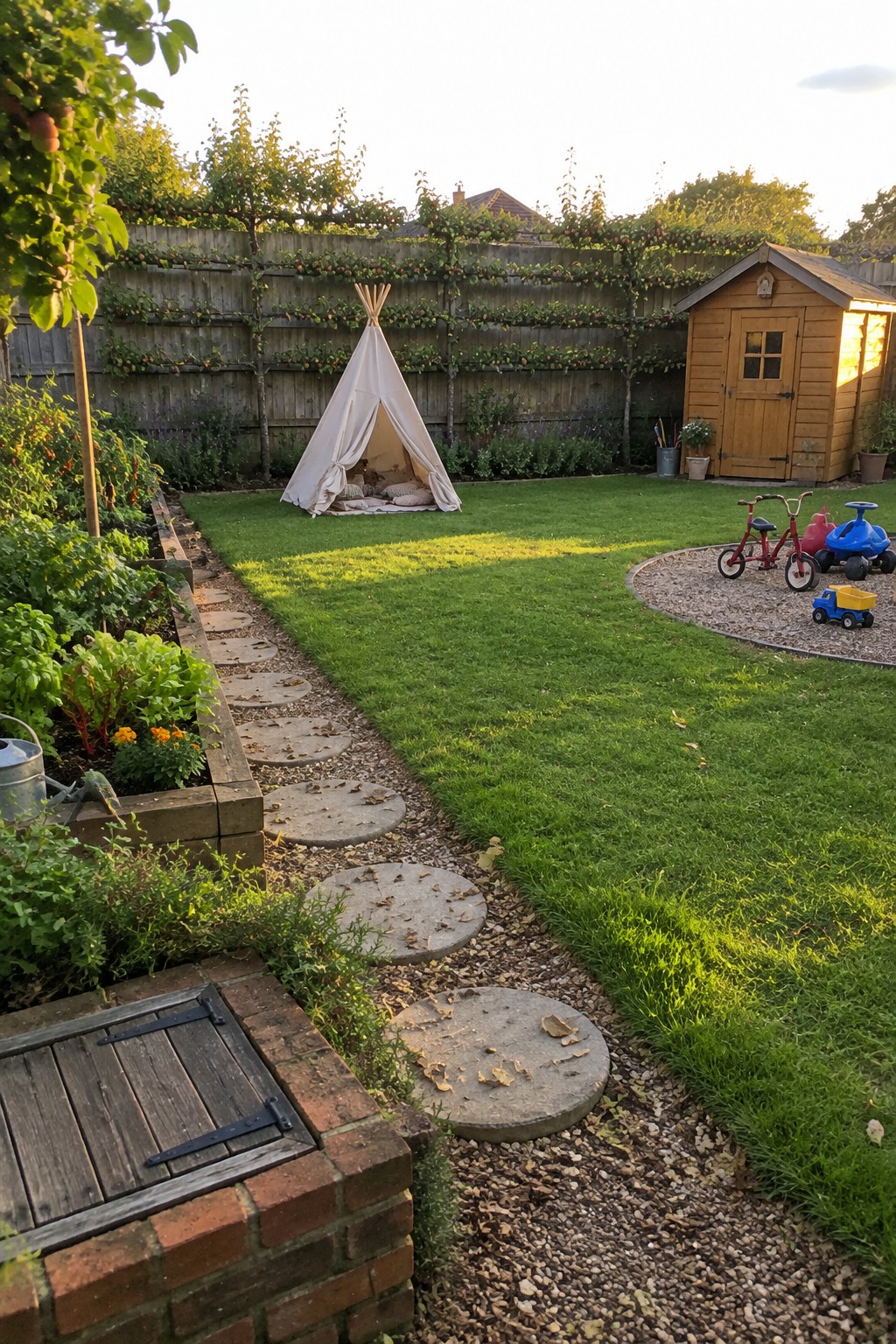 A backyard scene showing a curved path of round stepping stones across a lawn, with a raised garden bed on the left, a white teepee tent in the center, and a wooden shed with children's toys on the right.