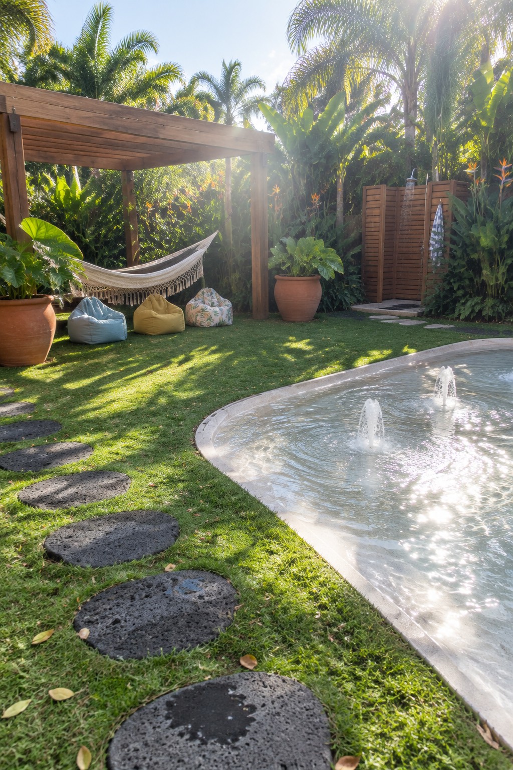 A backyard scene showing a pool with water jets, a lawn with round dark stepping stones, a wooden pergola with a hammock, bean bag chairs, and tropical plants.