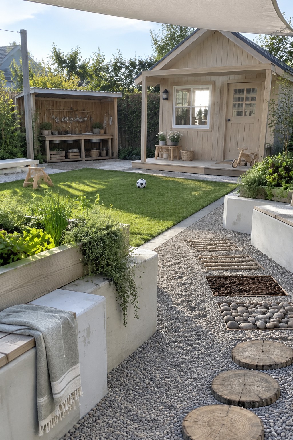 Modern backyard with wooden playhouse, gravel path, stepping stones, and raised garden beds