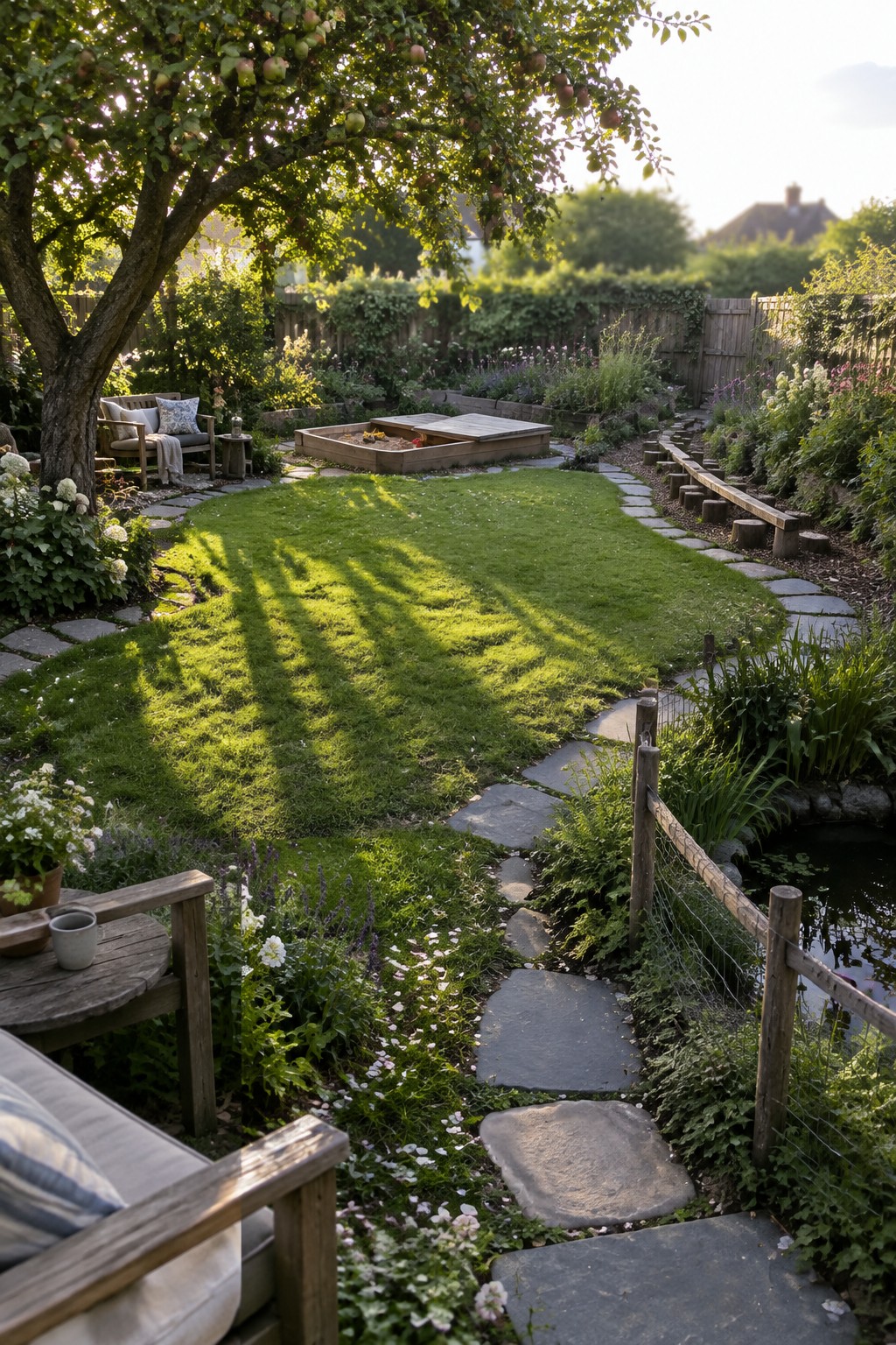 Lush garden with winding stone path, apple tree, bench, flowers and pond