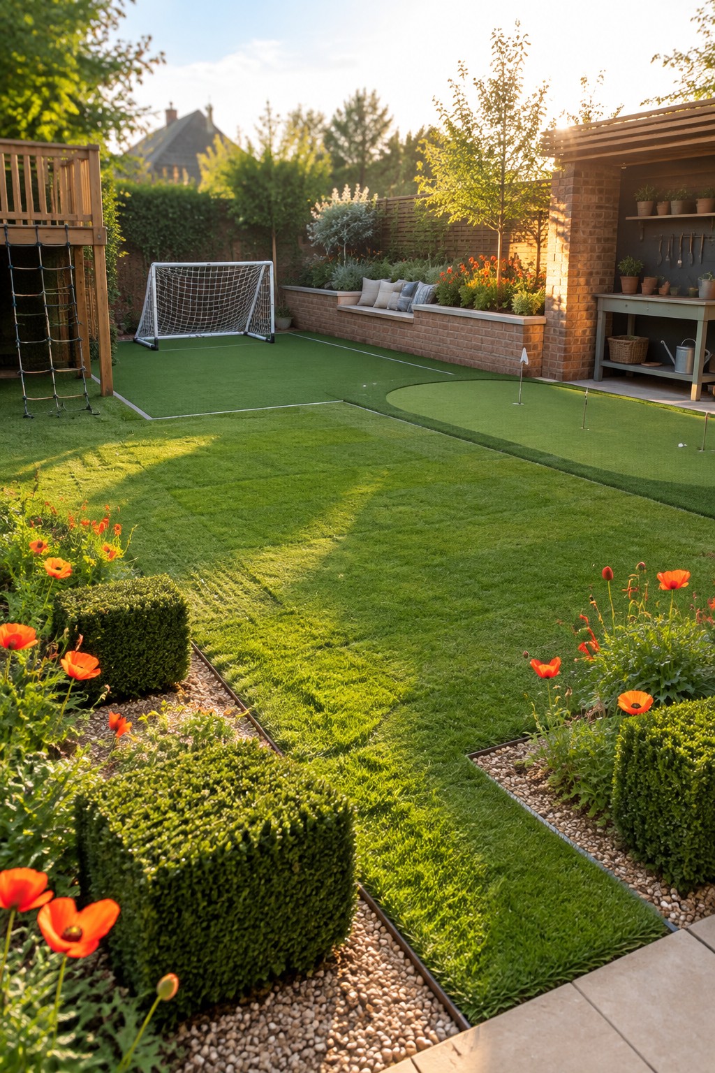 A backyard with sections of natural grass and artificial turf, including a soccer goal, putting green, low hedges, flower beds, and a climbing frame.