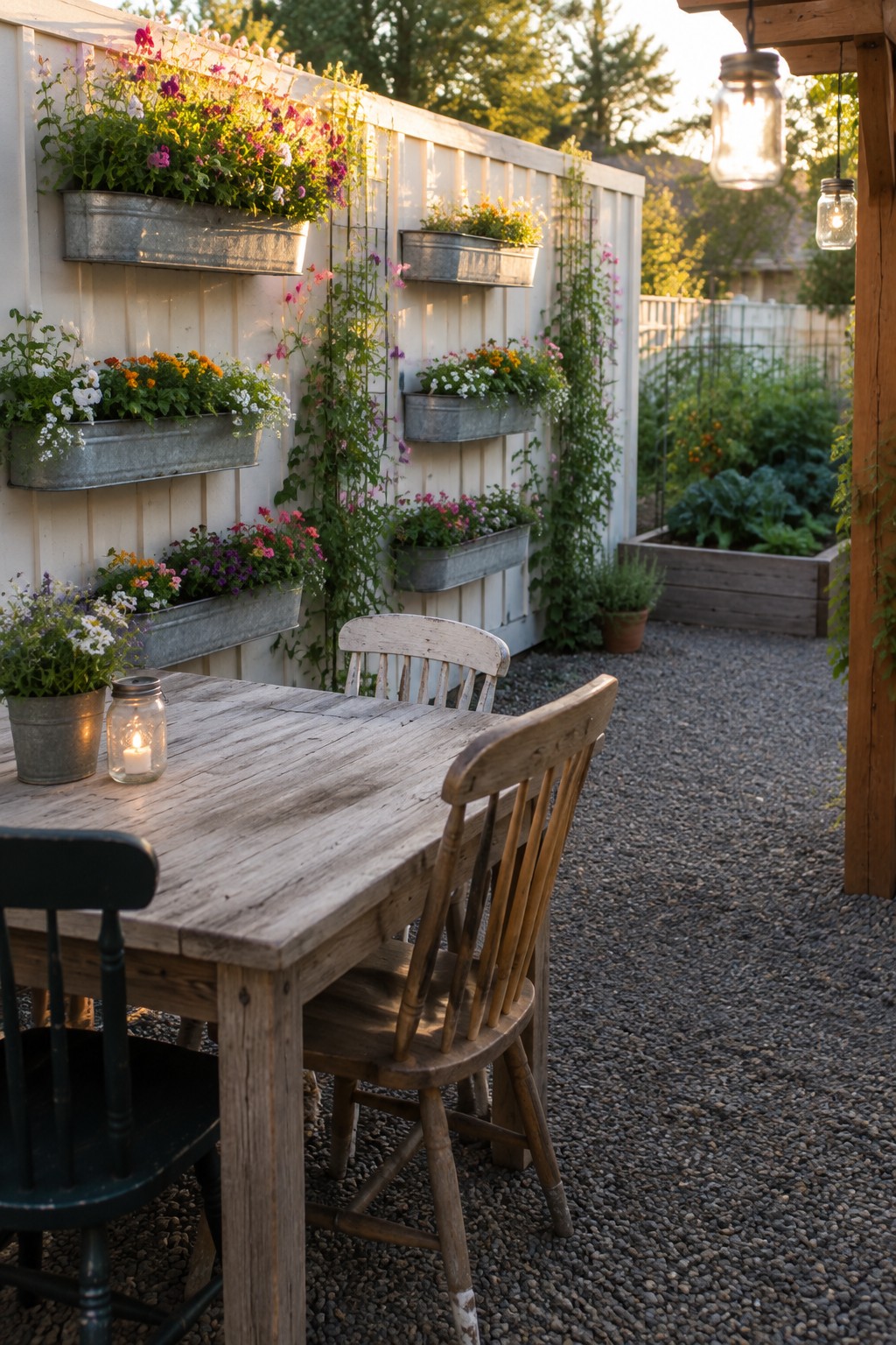 A wooden table and chairs on gravel sit in front of a white fence fitted with several metal trough planters holding colorful flowers and climbing vines.