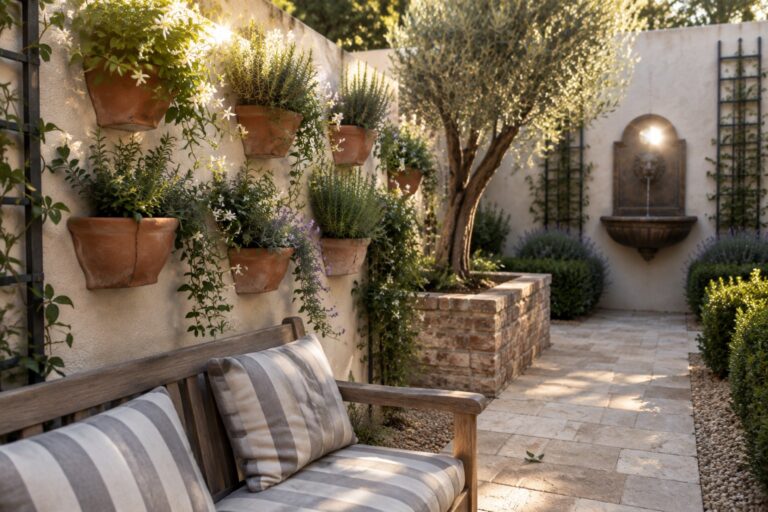 A stucco garden wall lined with terracotta pots holding white flowers and green herbs, next to a wooden bench with striped cushions.