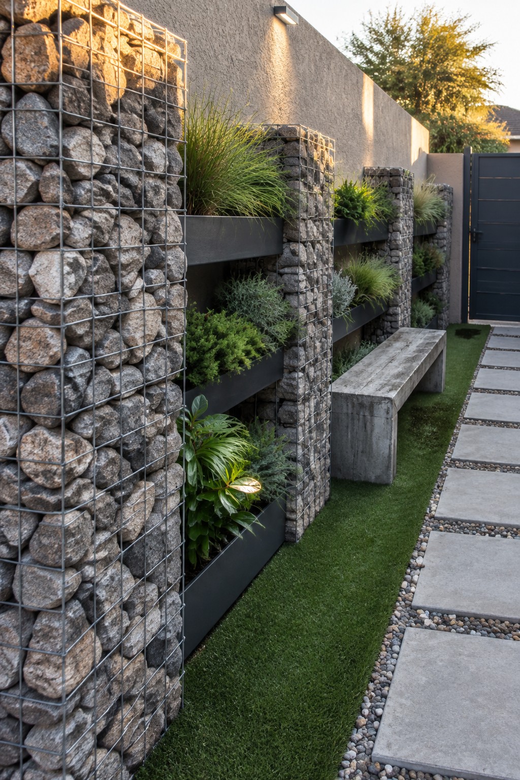 A narrow garden path bordered by gabion walls with multiple black rectangular planters holding assorted green plants, a concrete bench on the right, and concrete stepping stones set in gravel.