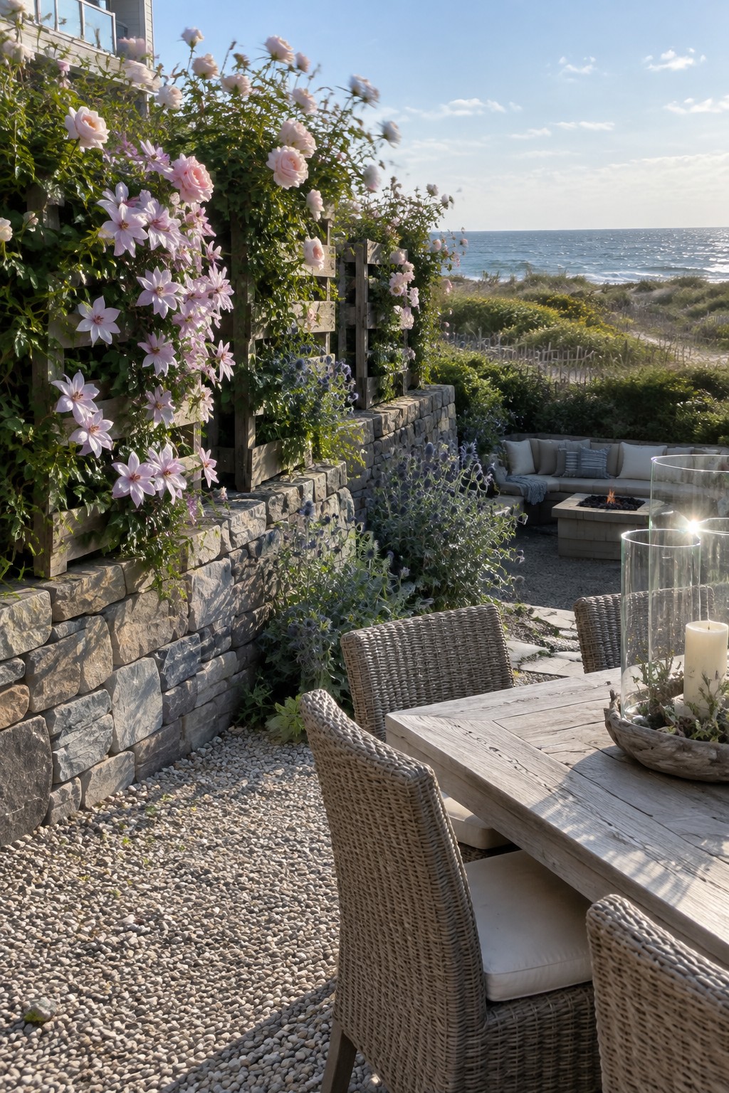 Wooden dining table with wicker chairs by rose-covered stone wall overlooking ocean