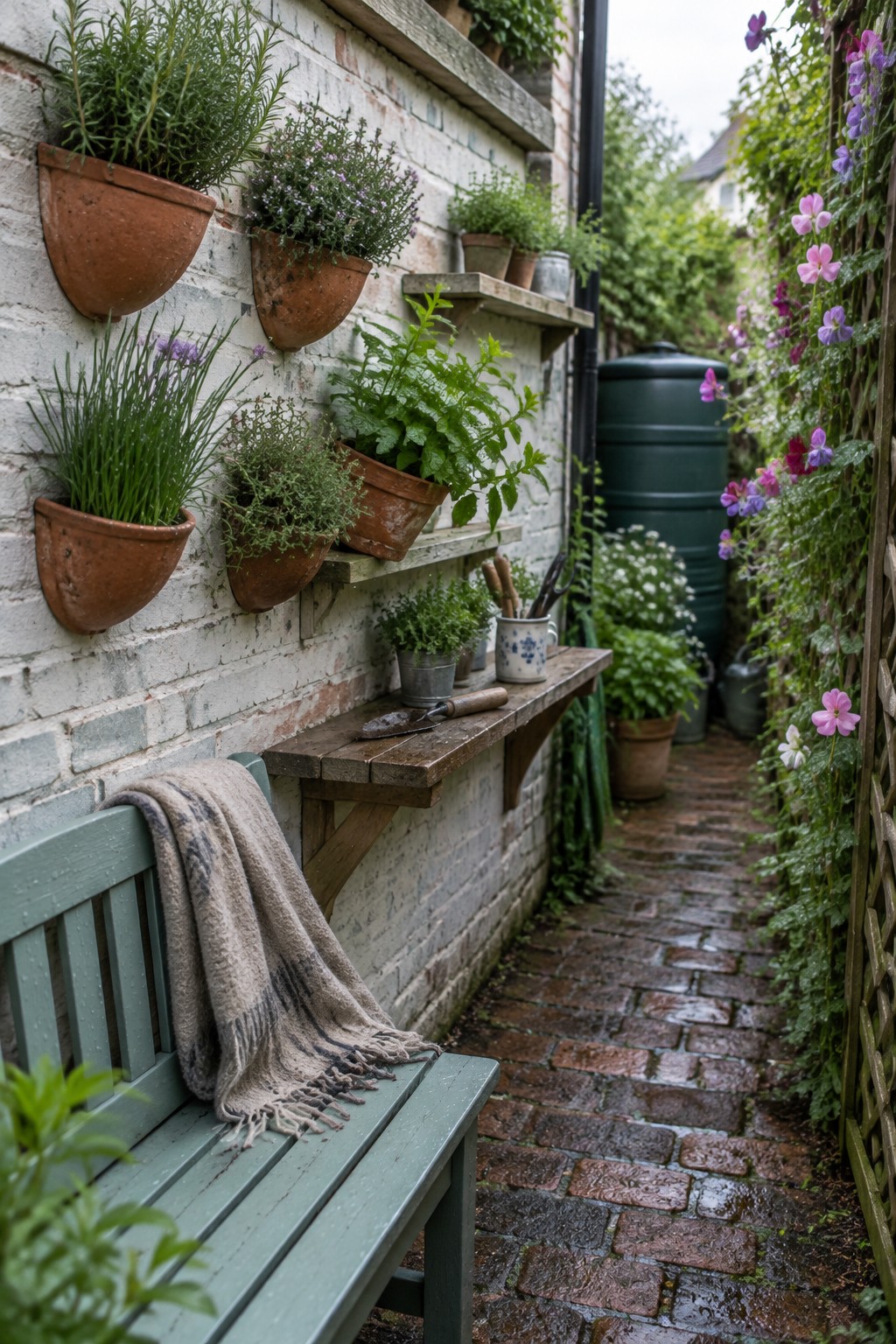 Green bench with throw near herb pots on white brick wall by wet path.