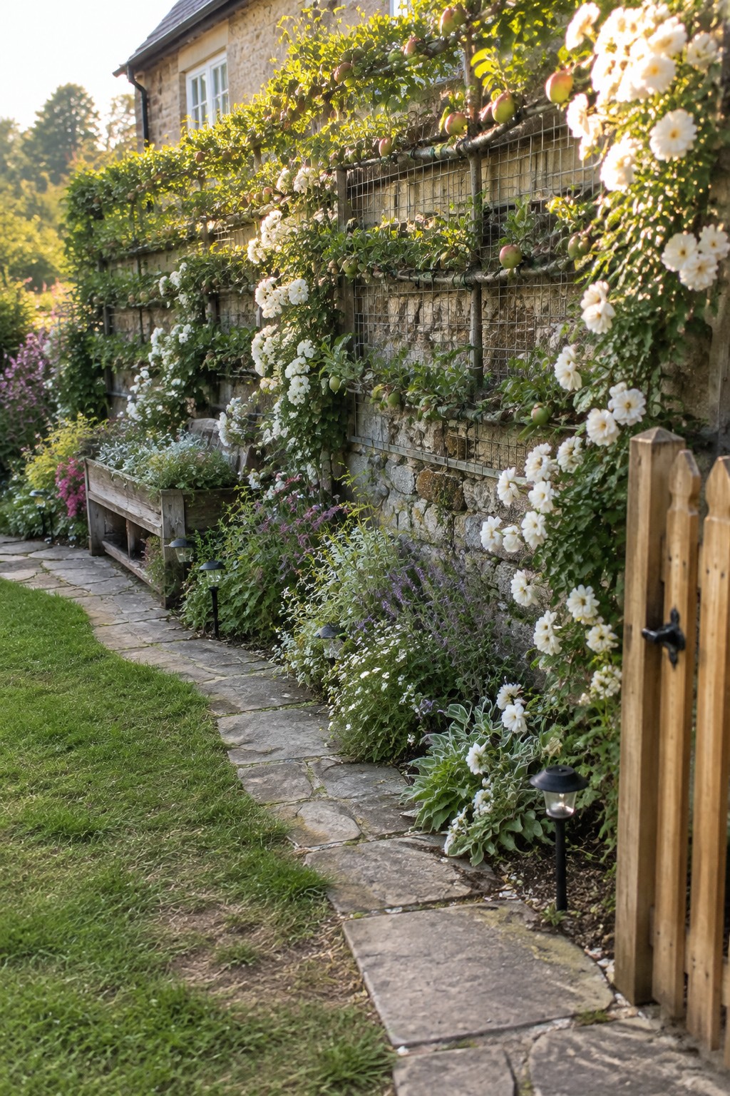 A stone garden wall with wire grids supporting climbing white flowers and espaliered apple trees next to a stone path.