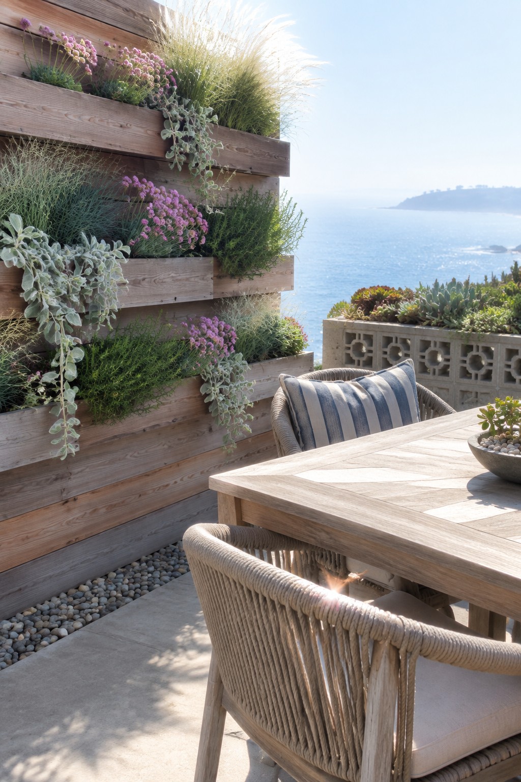 A wooden vertical garden wall with layered planters holding green and flowering plants stands beside an outdoor dining table and chairs on a concrete patio overlooking the ocean.