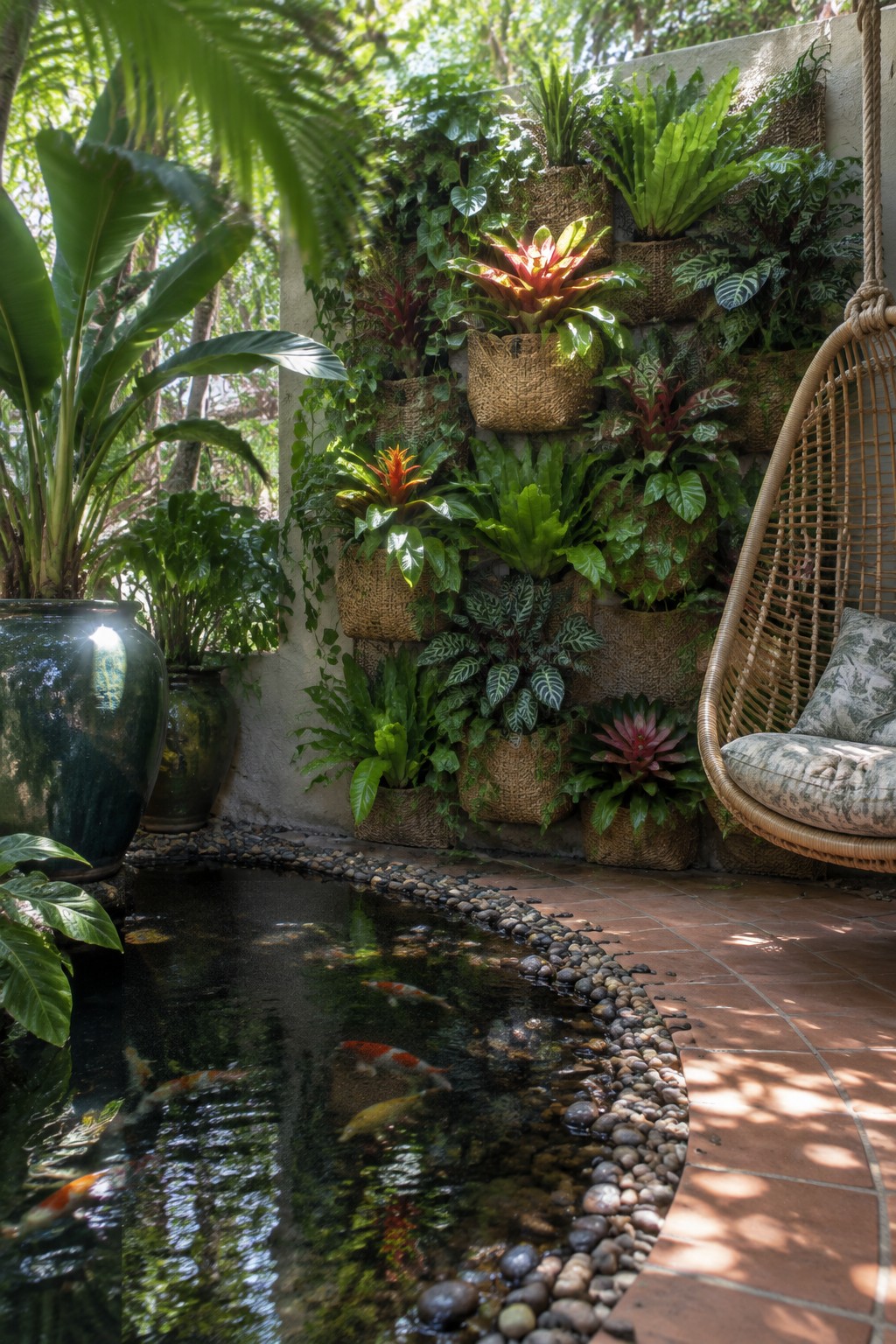 Tropical patio with koi pond, lush vertical garden wall, and hanging wicker chair