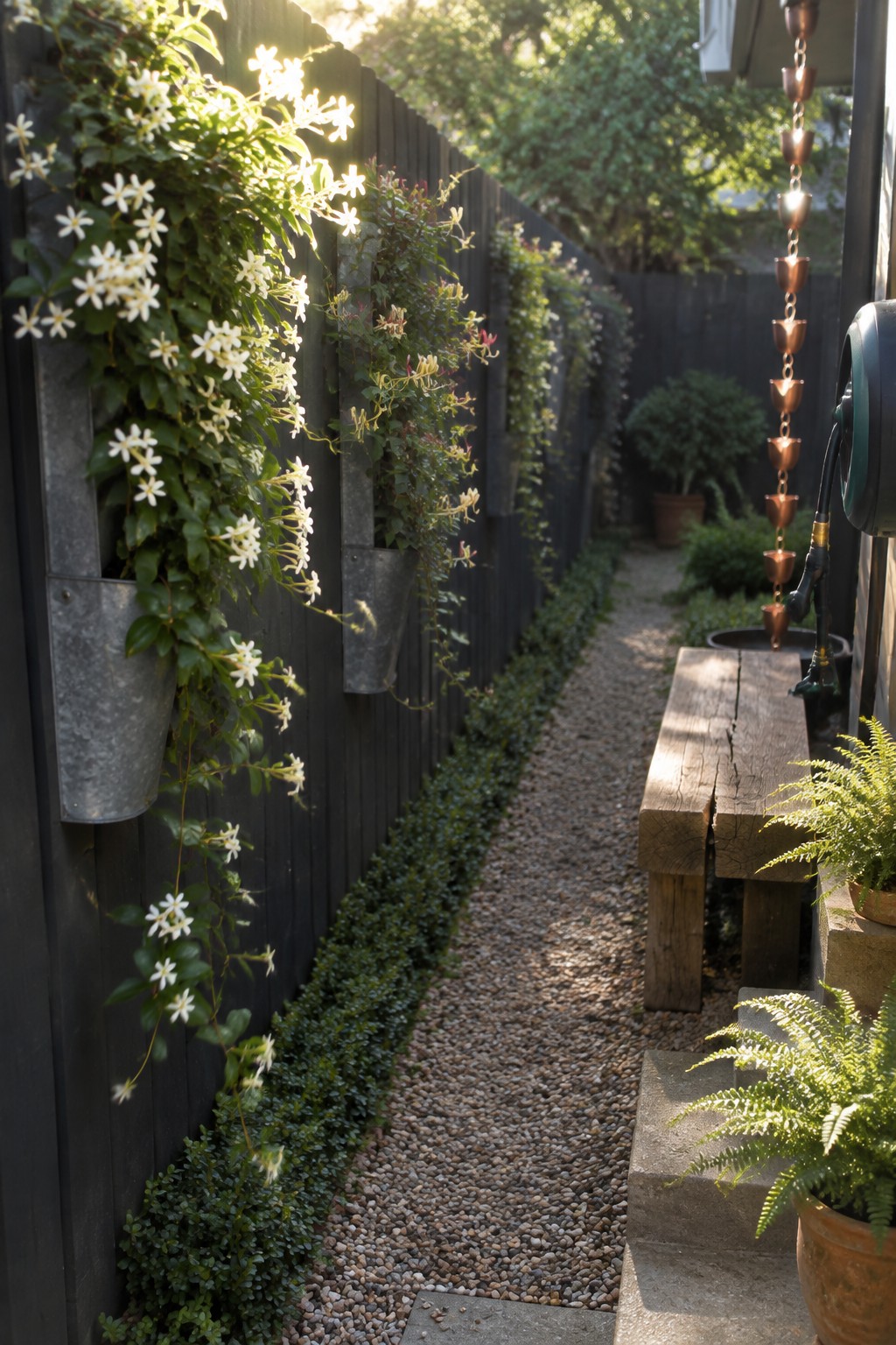 Narrow gravel path beside flowering wall planters, wooden bench, and copper rain chain
