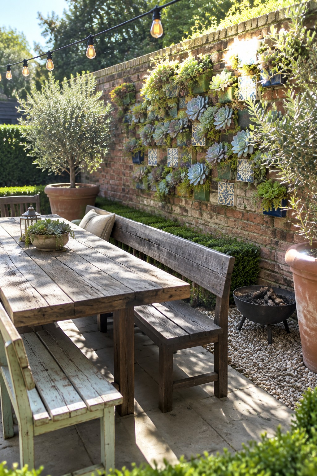 A brick garden wall covered with small mounted planters holding succulents and blue patterned tiles, beside a wooden outdoor dining table and benches.