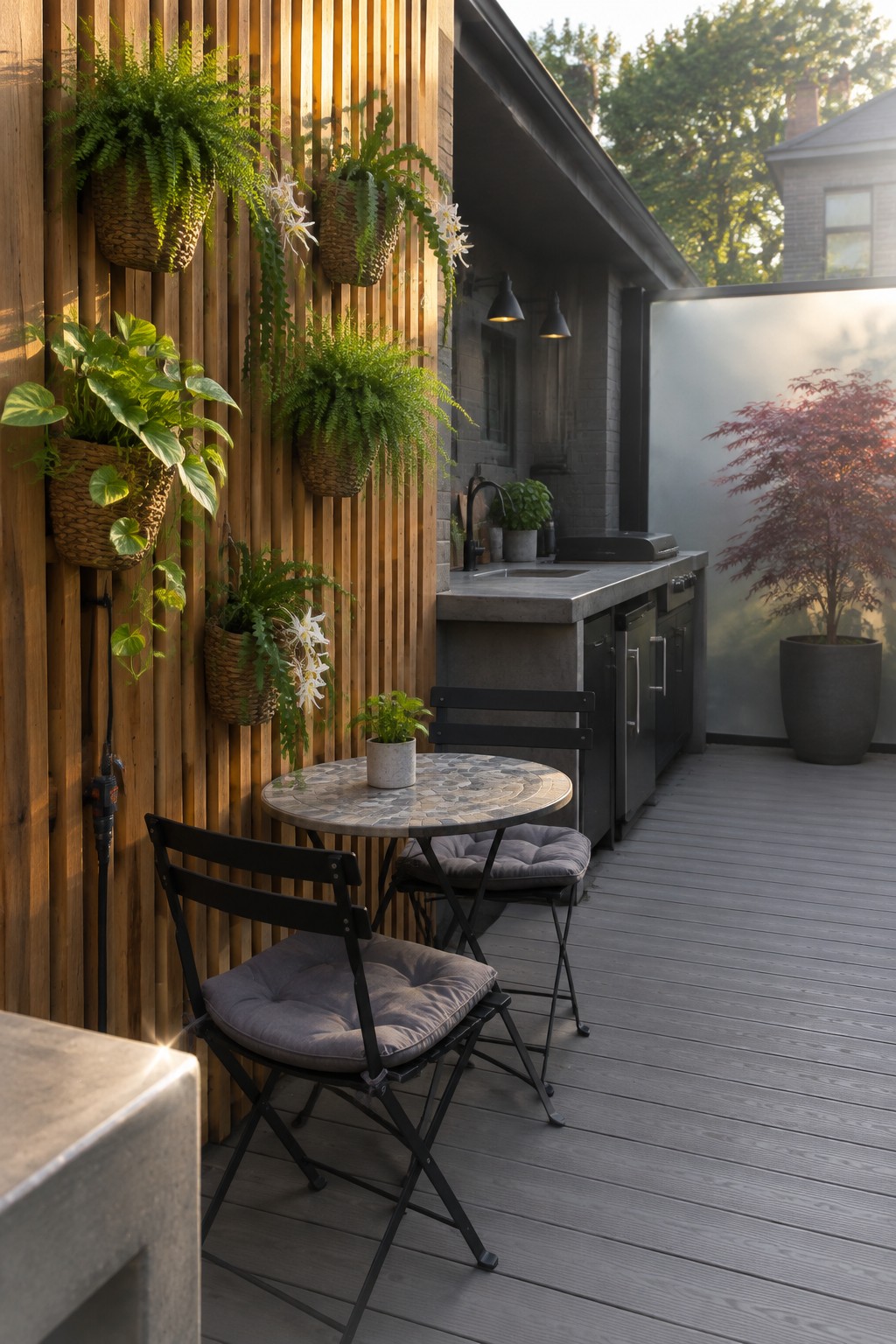 An outdoor deck with a wooden slatted wall holding multiple hanging plants in baskets, a small round table with two black chairs, and a concrete outdoor kitchen counter.